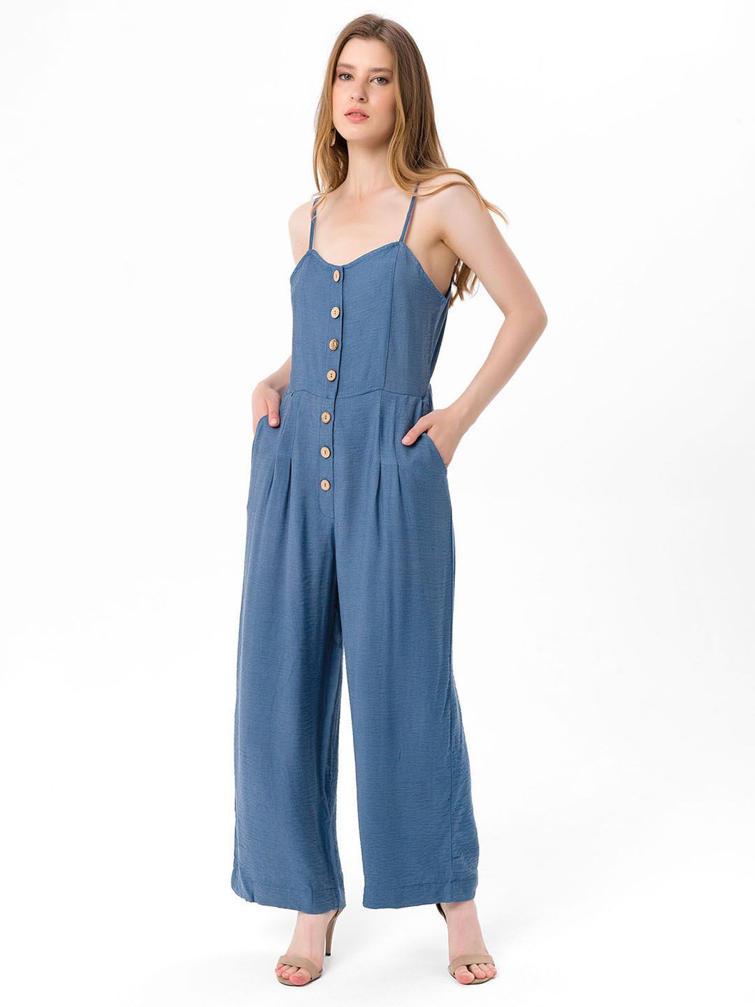 bebe PLUS Navy Blue Solid Pure Cotton Basic Jumpsuit Price in India