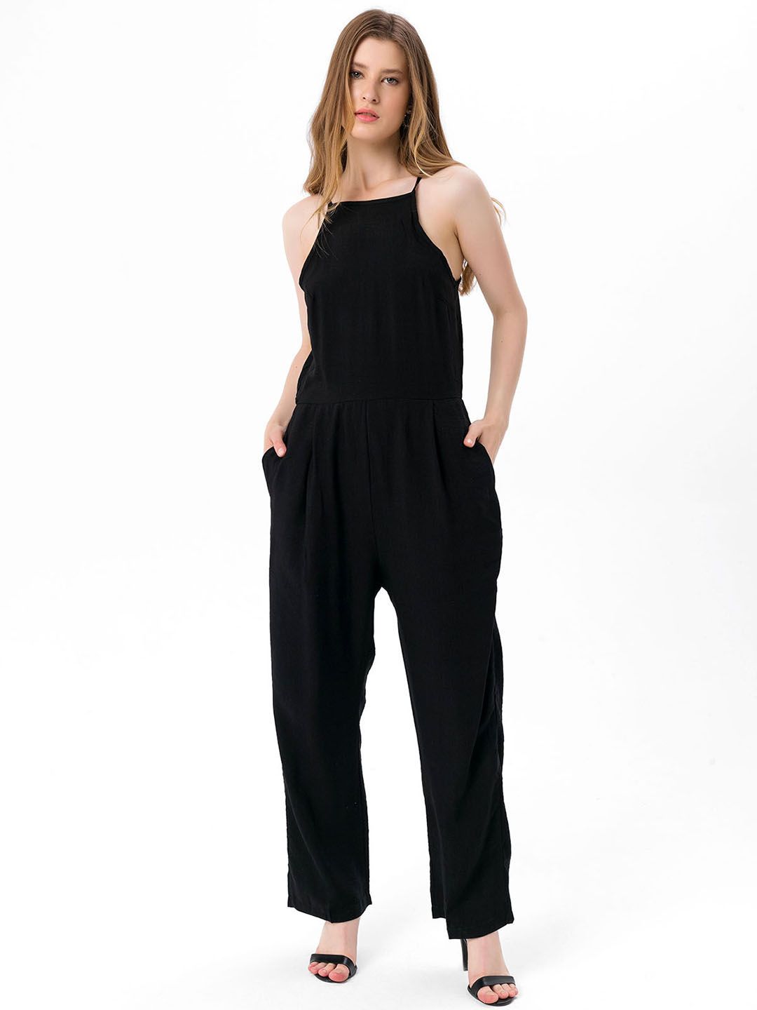 bebe PLUS Black Solid Shoulder Straps Basic Jumpsuit Price in India