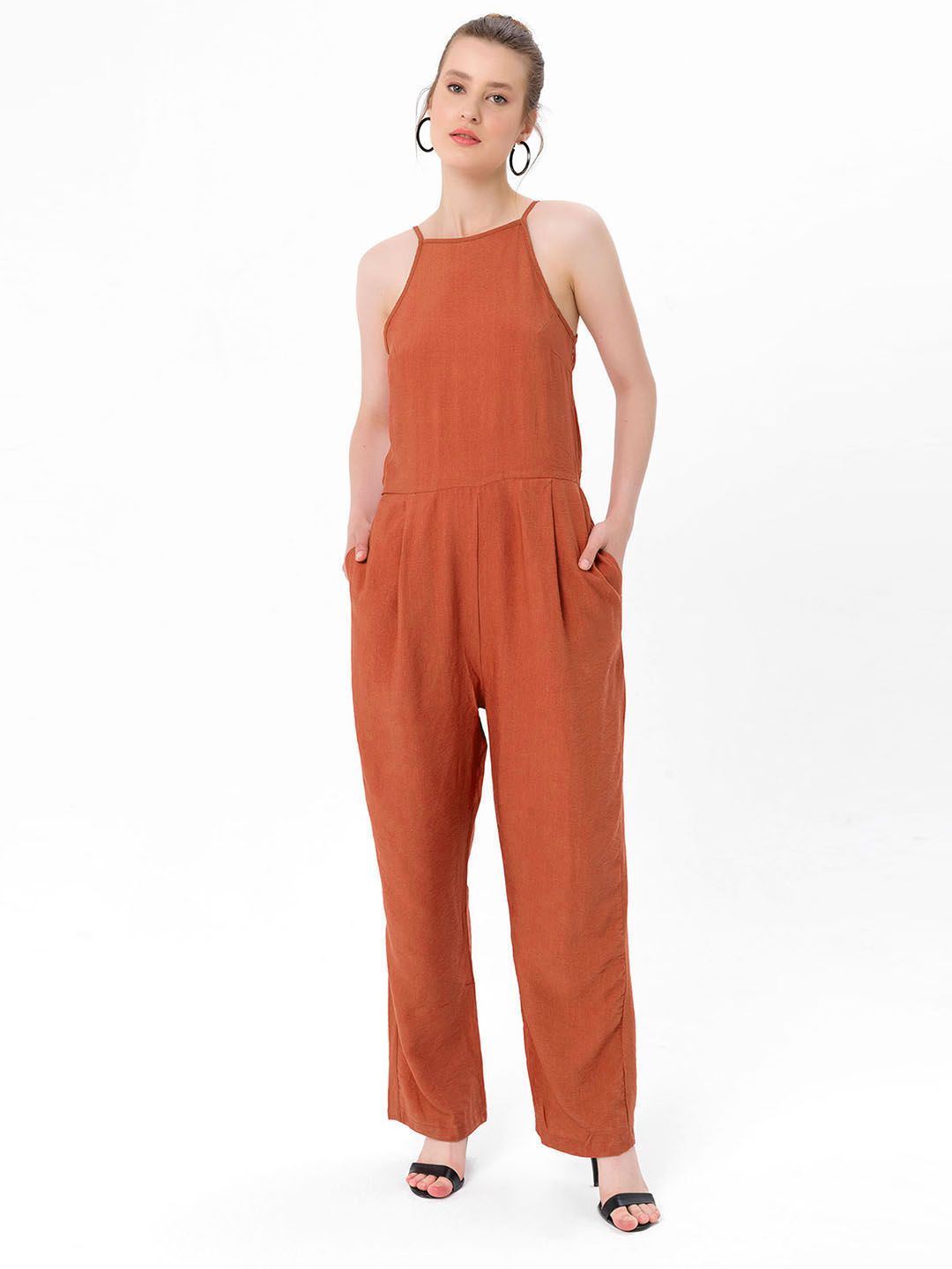 bebe PLUS Rust Orange Solid Shoulder Straps Basic Jumpsuit Price in India