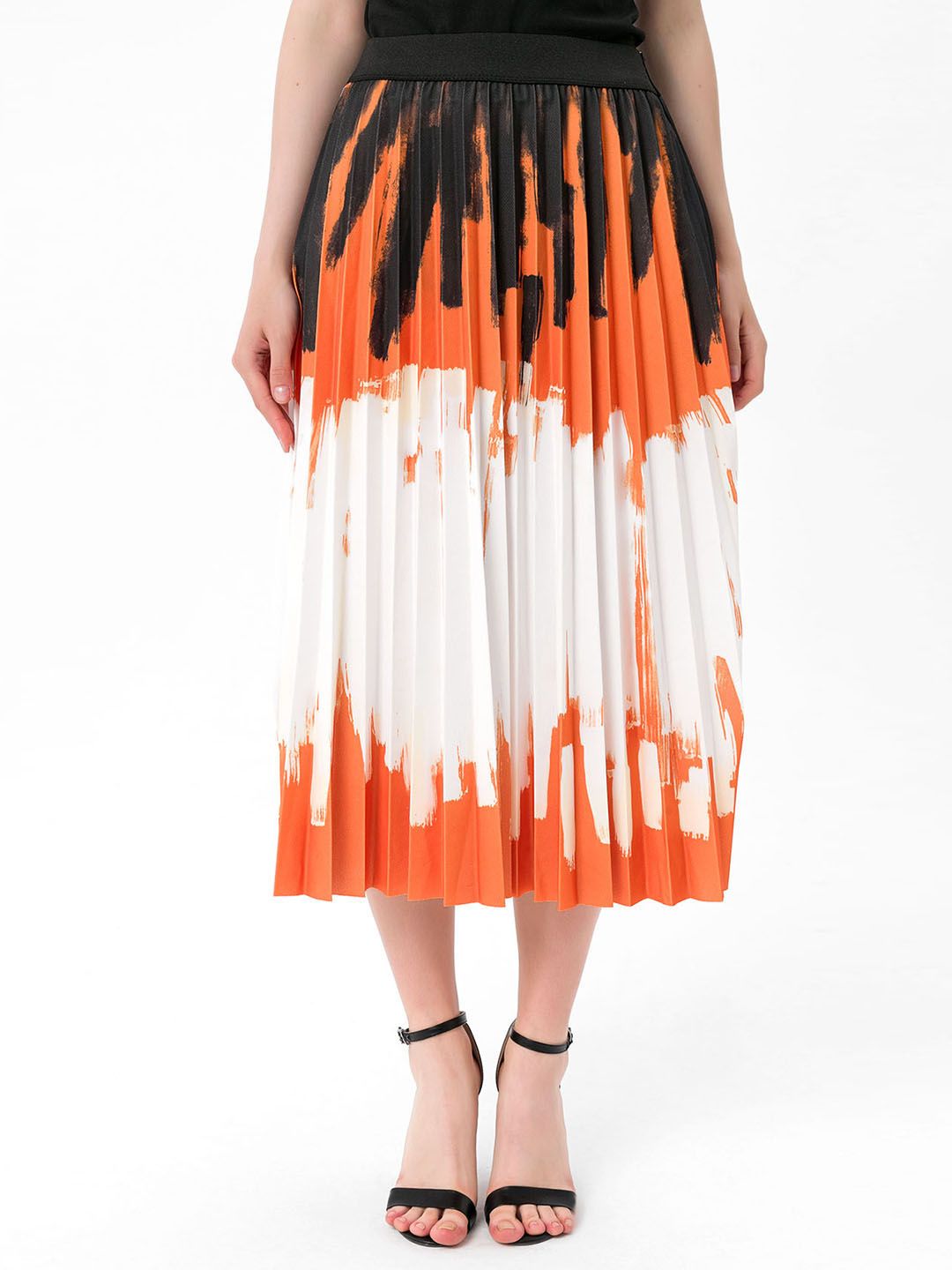 bebe PLUS Orange & White Printed Accordion Pleated Casual A-Line Midi Skirt