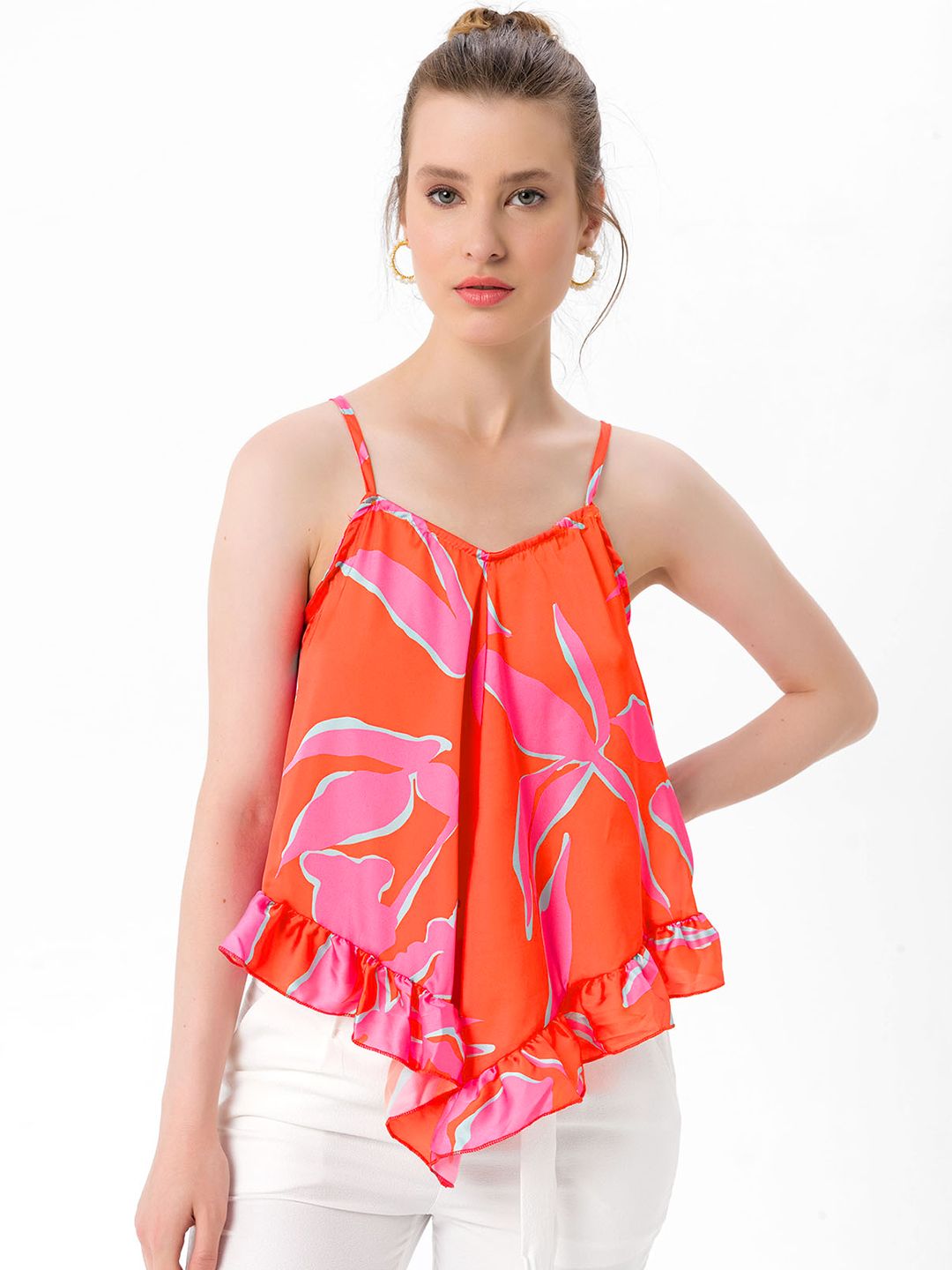 bebe PLUS Orange & Pink Floral Print Asymmetric Top Price in India