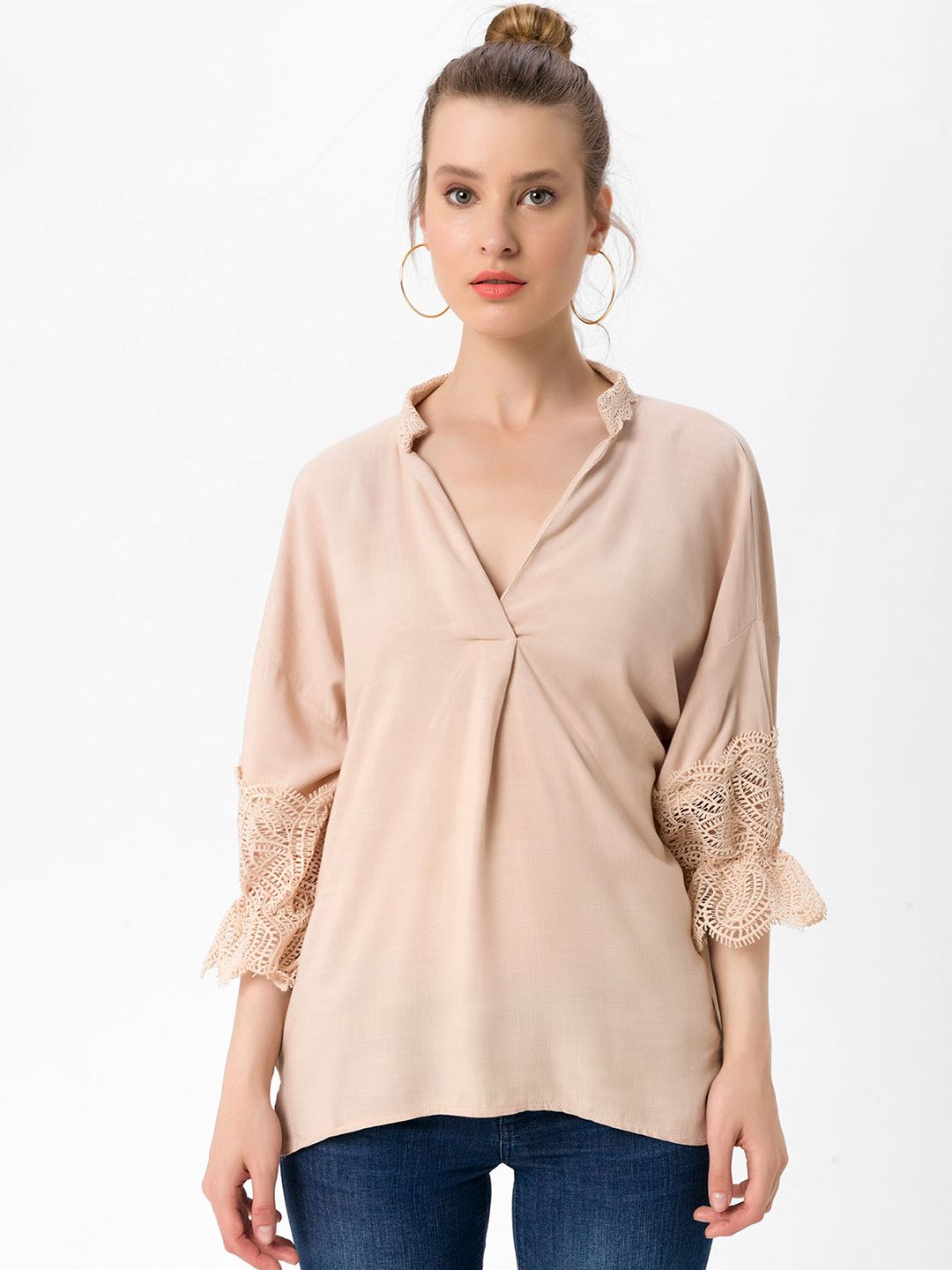 bebe PLUS Beige Solid Mandarin Collar Extended Sleeves Top Price in India