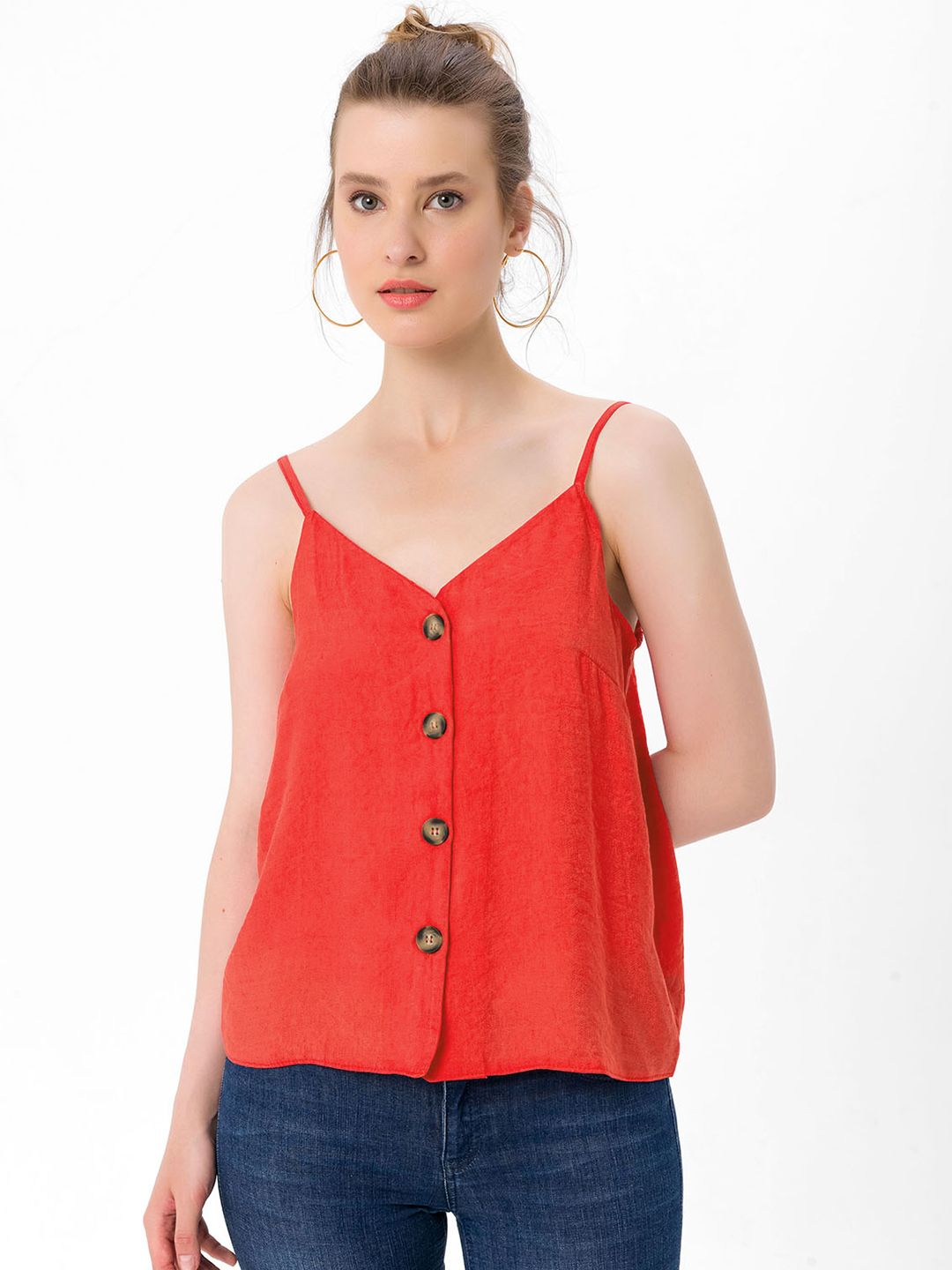 bebe PLUS Red Solid A-Line Top Price in India