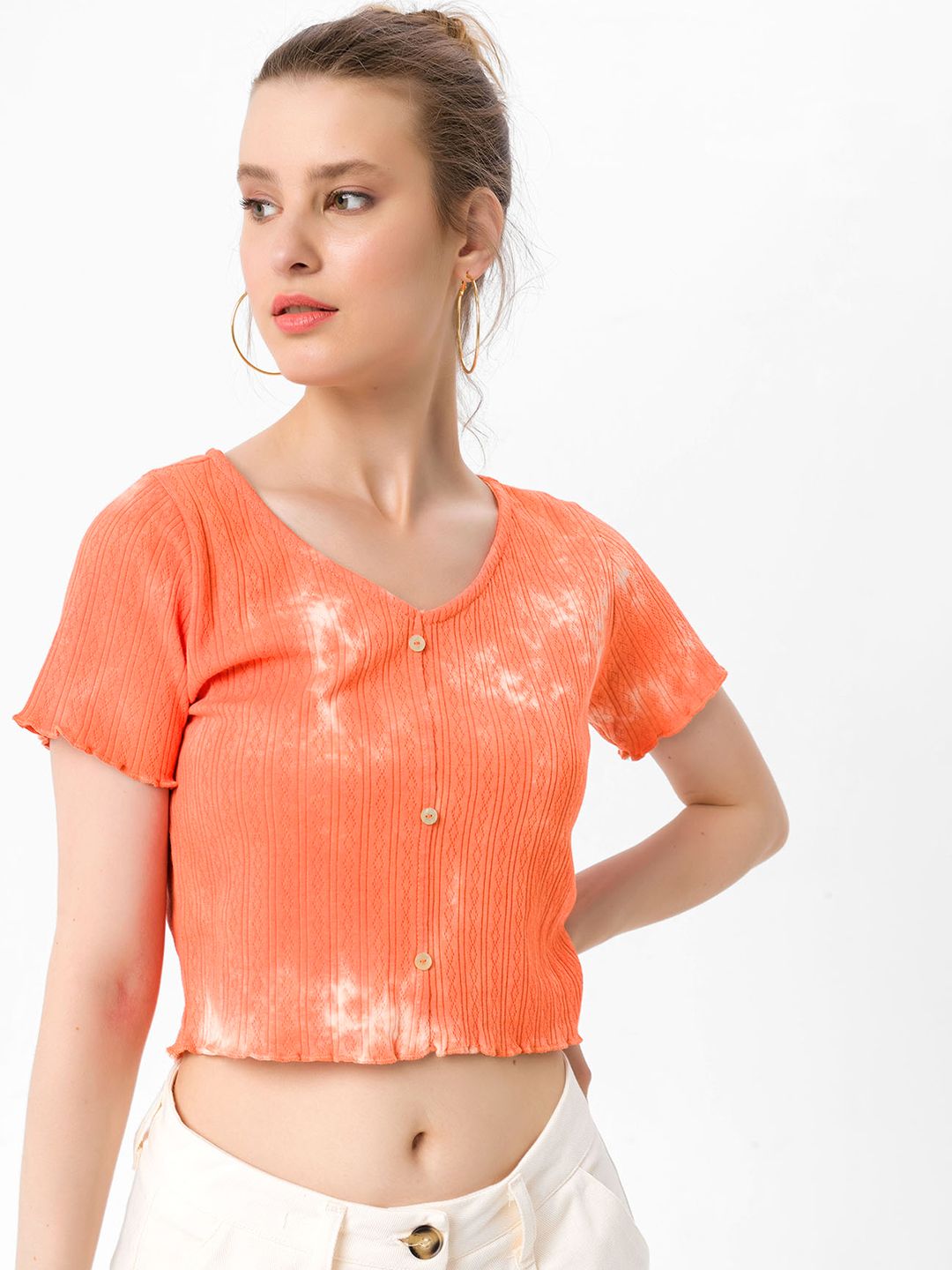 bebe PLUS Orange Pure Cotton Dyed Crop Top Price in India