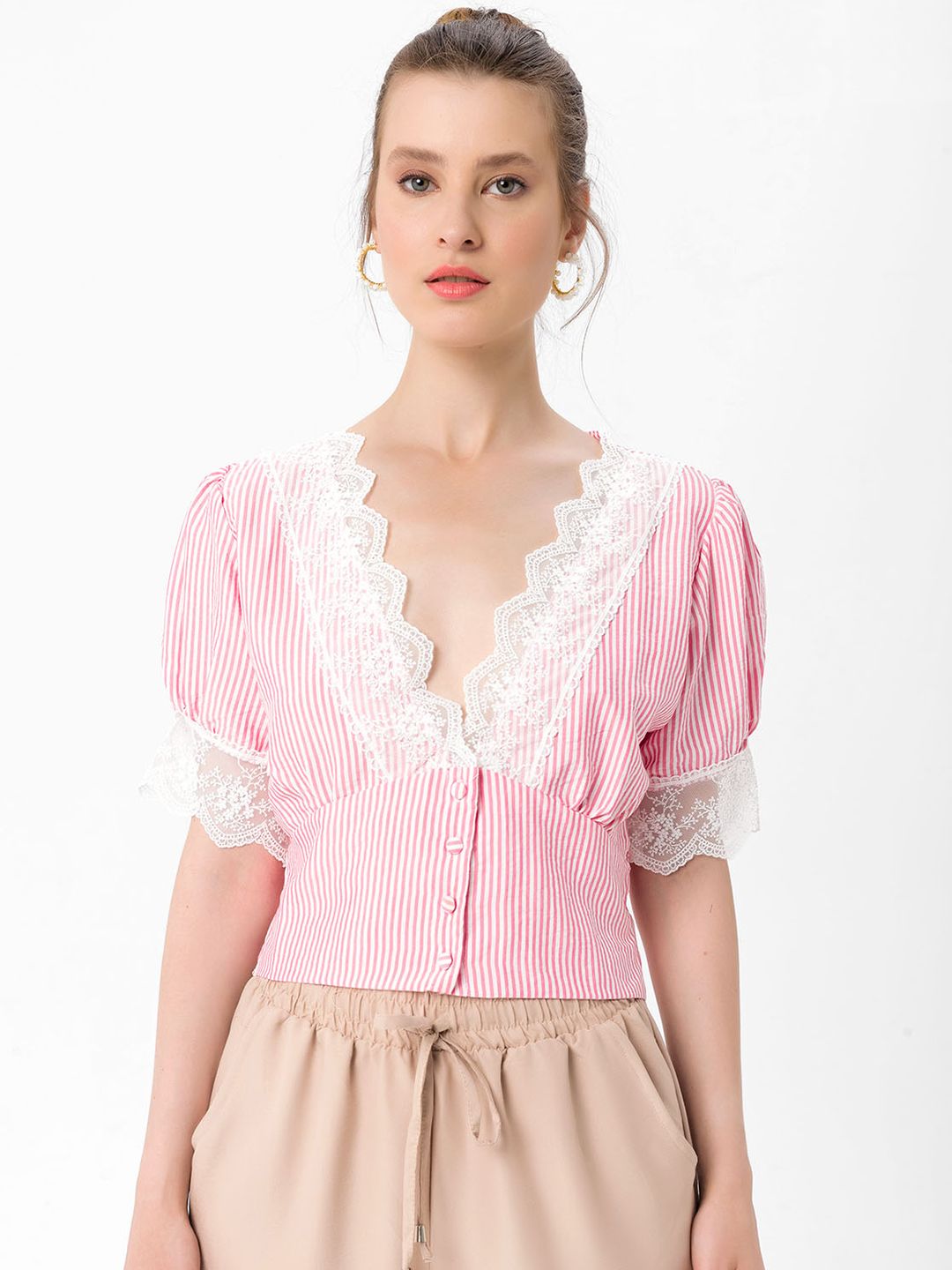 bebe PLUS Red & White Striped Victorian Empire Top