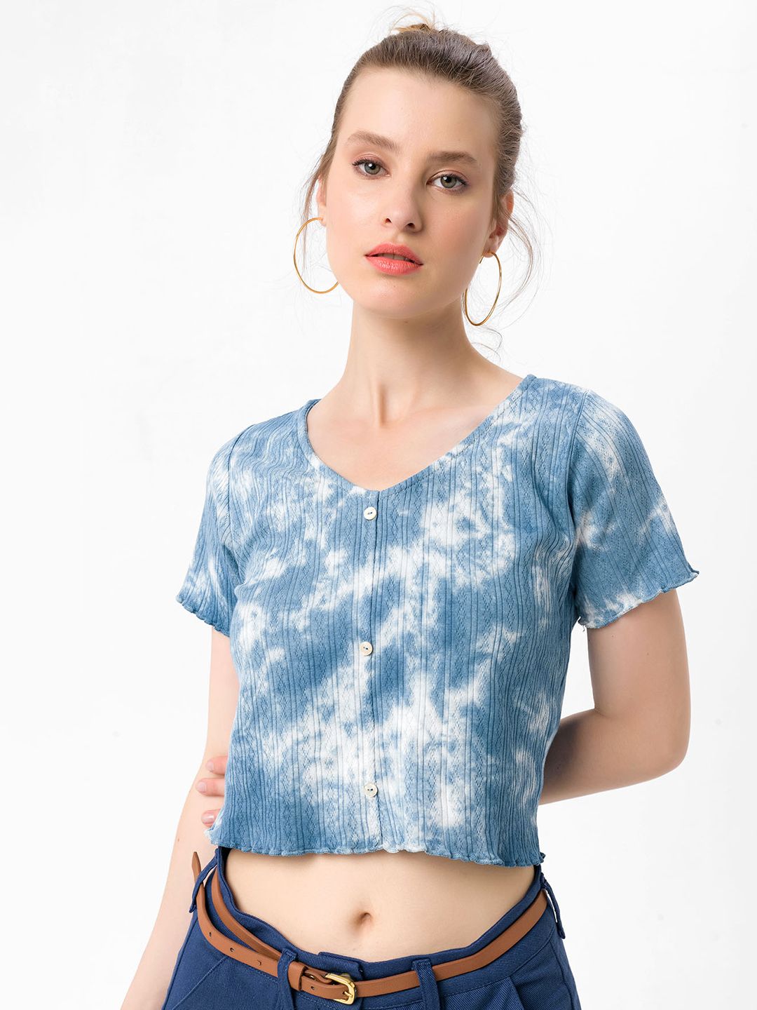 bebe PLUS Blue & Off White Pure Cotton Dyed Crop Top Price in India