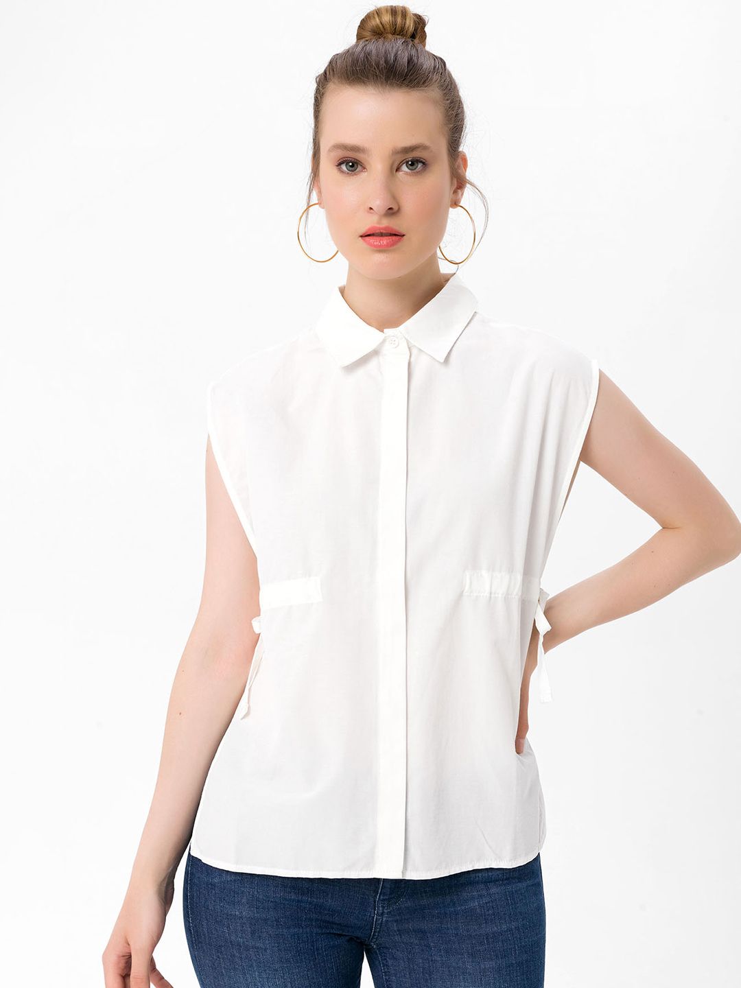 bebe PLUS White Solid Extended Cap Sleeves Tie-Up Detail Cotton Shirt Style Top Price in India