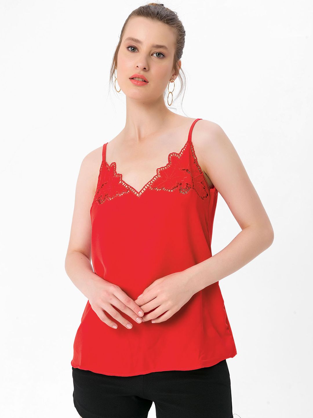 bebe PLUS Red Solid Shoulder Strap Top Price in India