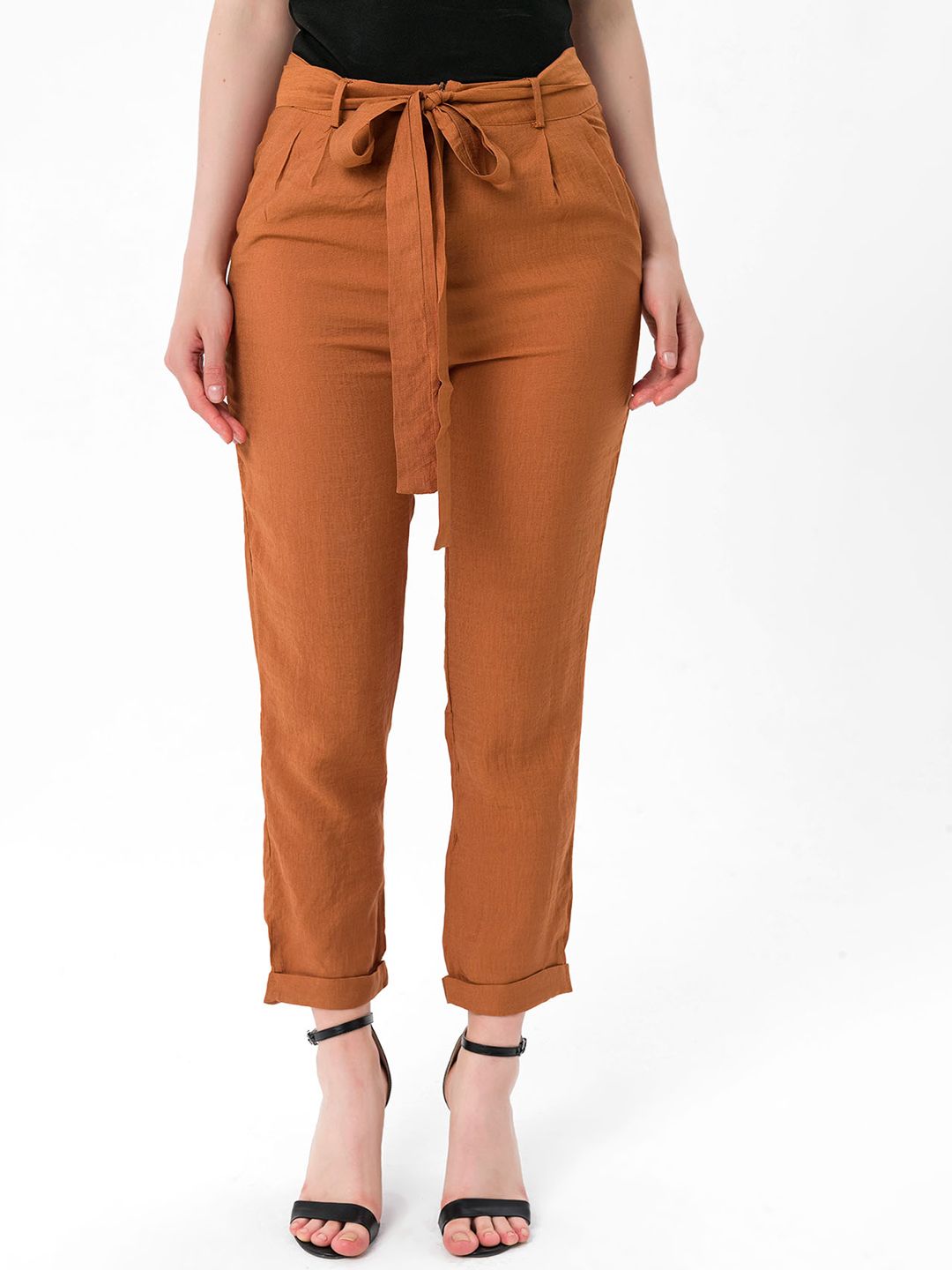 bebe PLUS Women Rust Orange Solid Mid-Rise Trousers Price in India