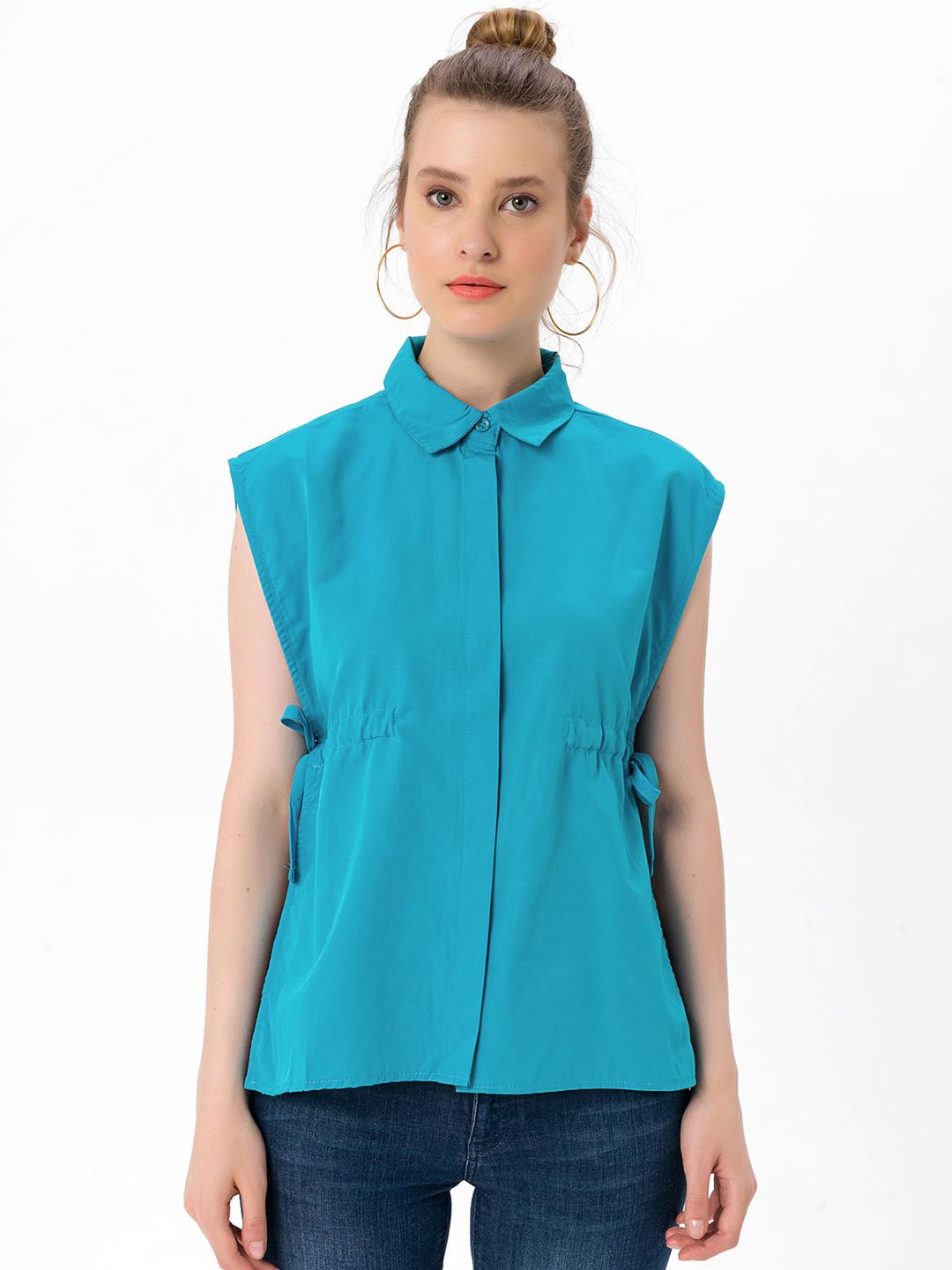 bebe PLUS Blue Solid Extended Cap Sleeves Tie-Up Detail Cotton Shirt Style Top Price in India
