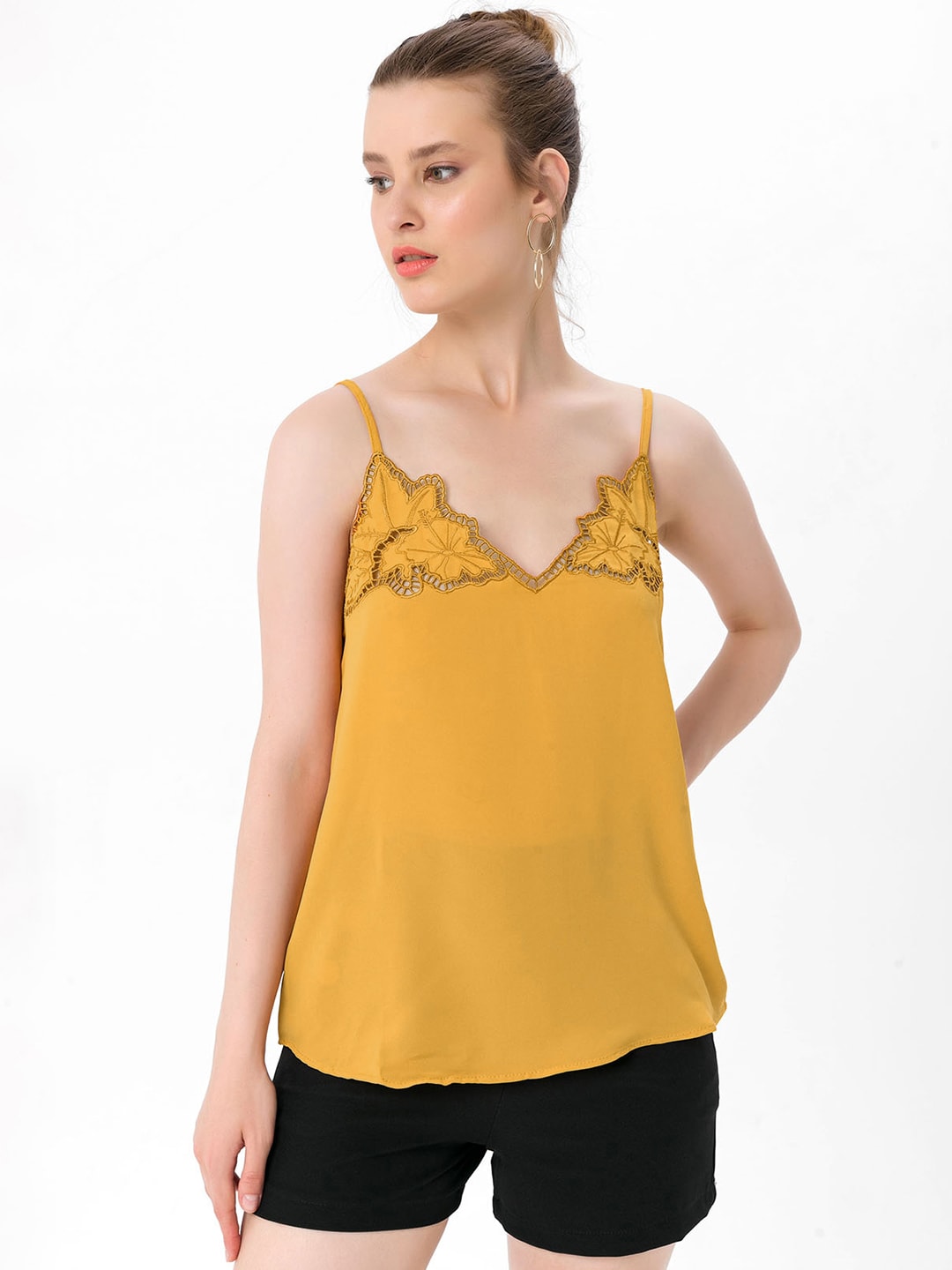 bebe PLUS Mustard Yellow Solid Shoulder Strap Top Price in India