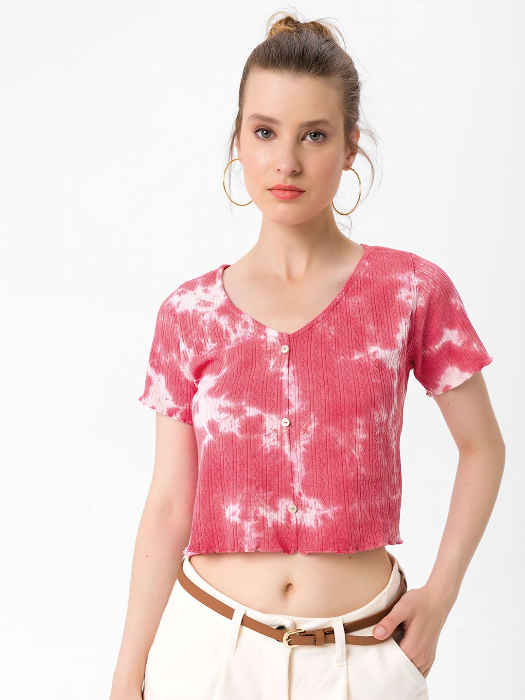 bebe PLUS Pink & White Dyed Self-Design Cotton Crop Top Price in India