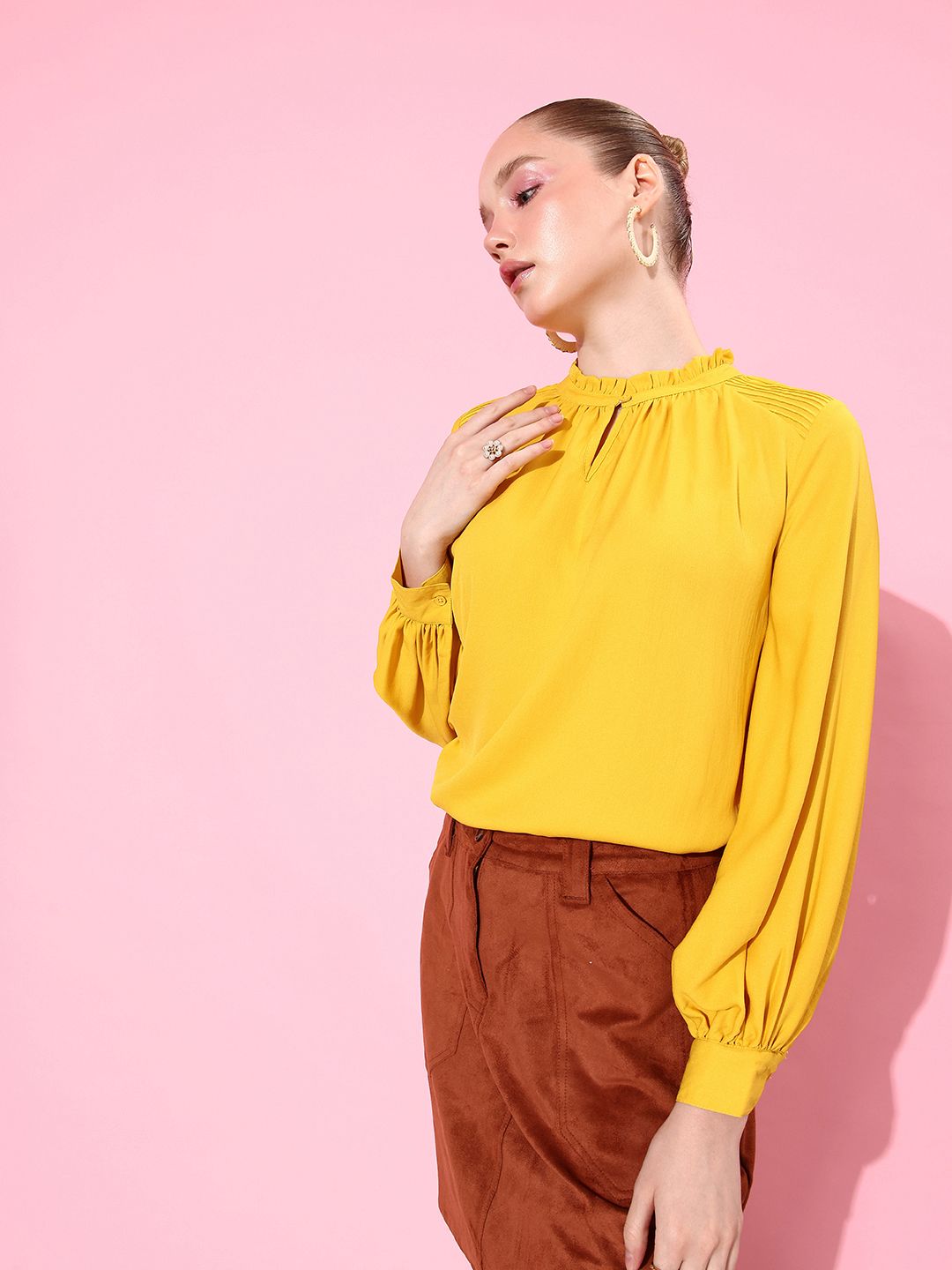 her by invictus Bright Yellow Once Upon A Sleeve Keyhole Neck Regular Top Price in India