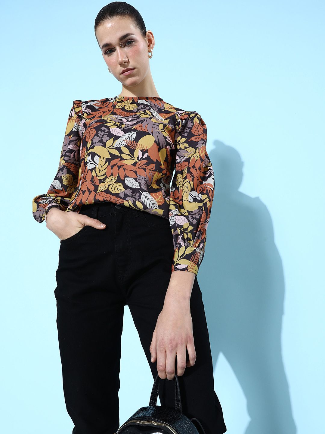her by invictus Tropical Print Round Neck Cuffed Sleeves Regular Top Price in India