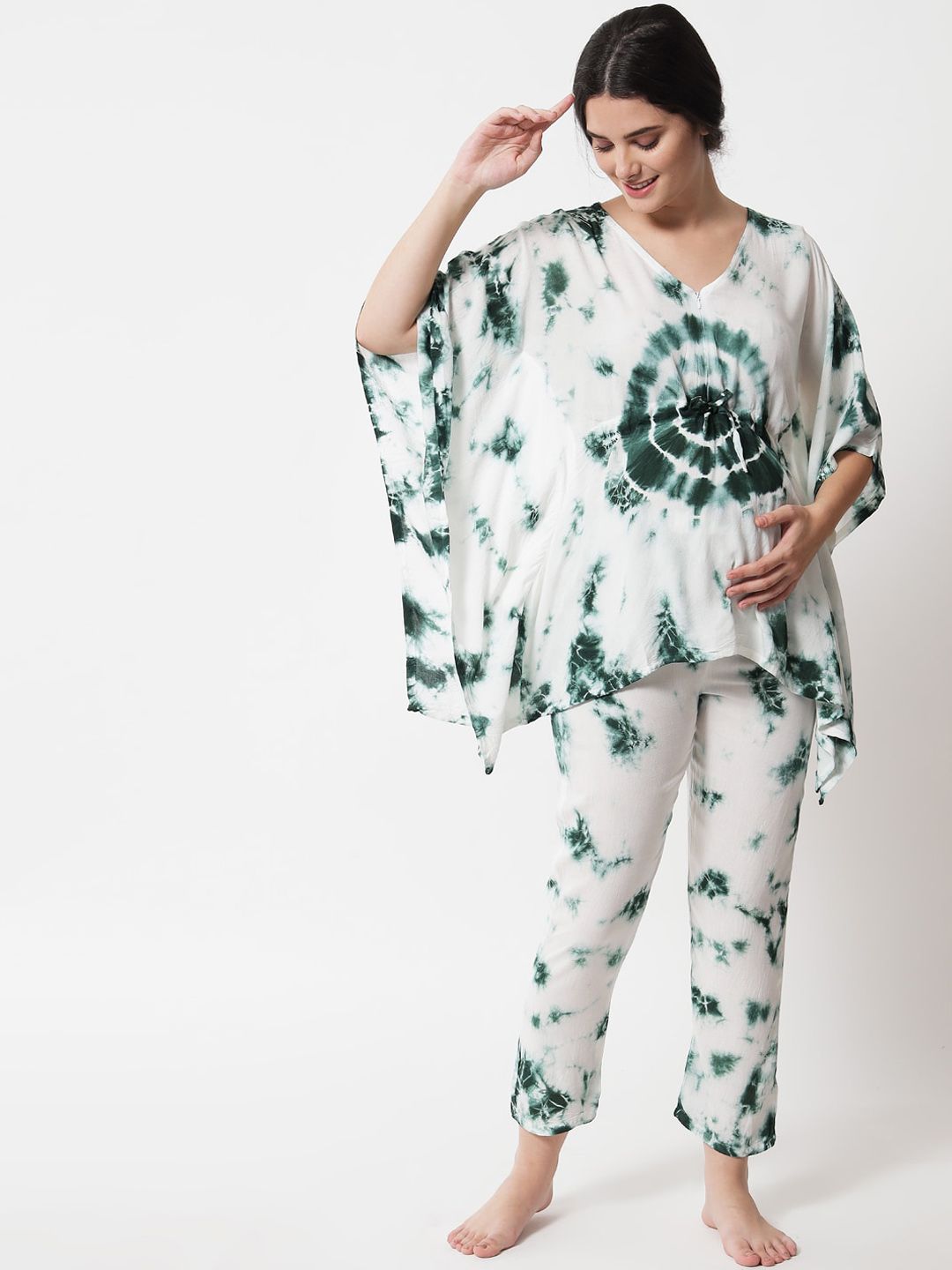 Aujjessa Women Off White & Green Printed Night suit Price in India