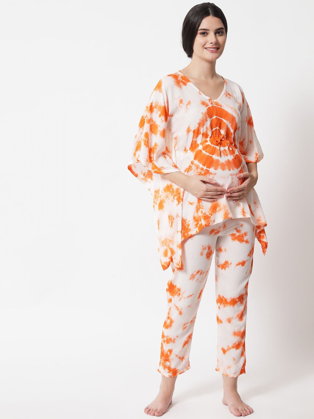 Aujjessa Women Off White & Orange Printed Night suit Price in India