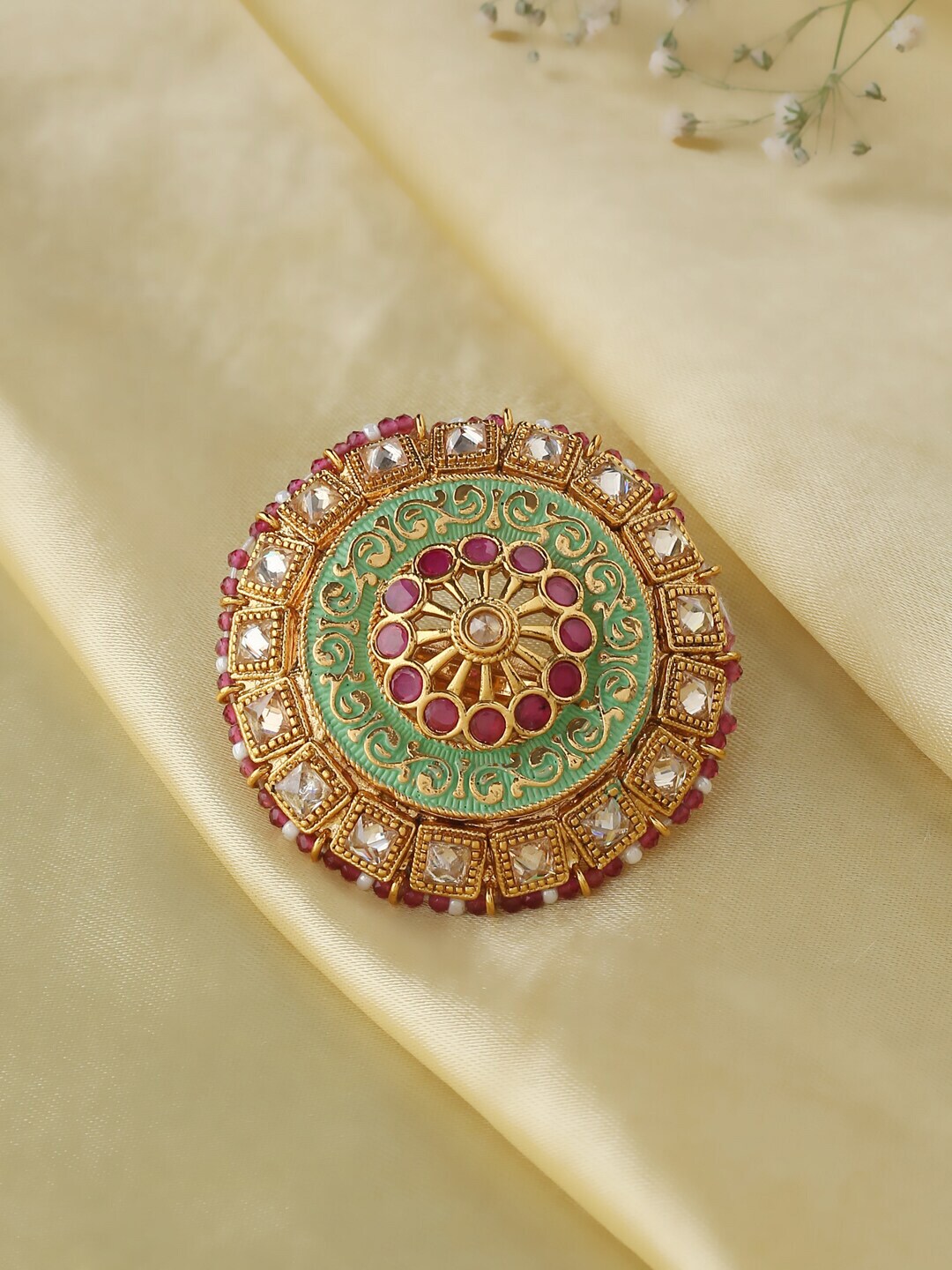 VIRAASI Gold-Plated White & Green Kundan-Studded Enamelled Finger Ring Price in India
