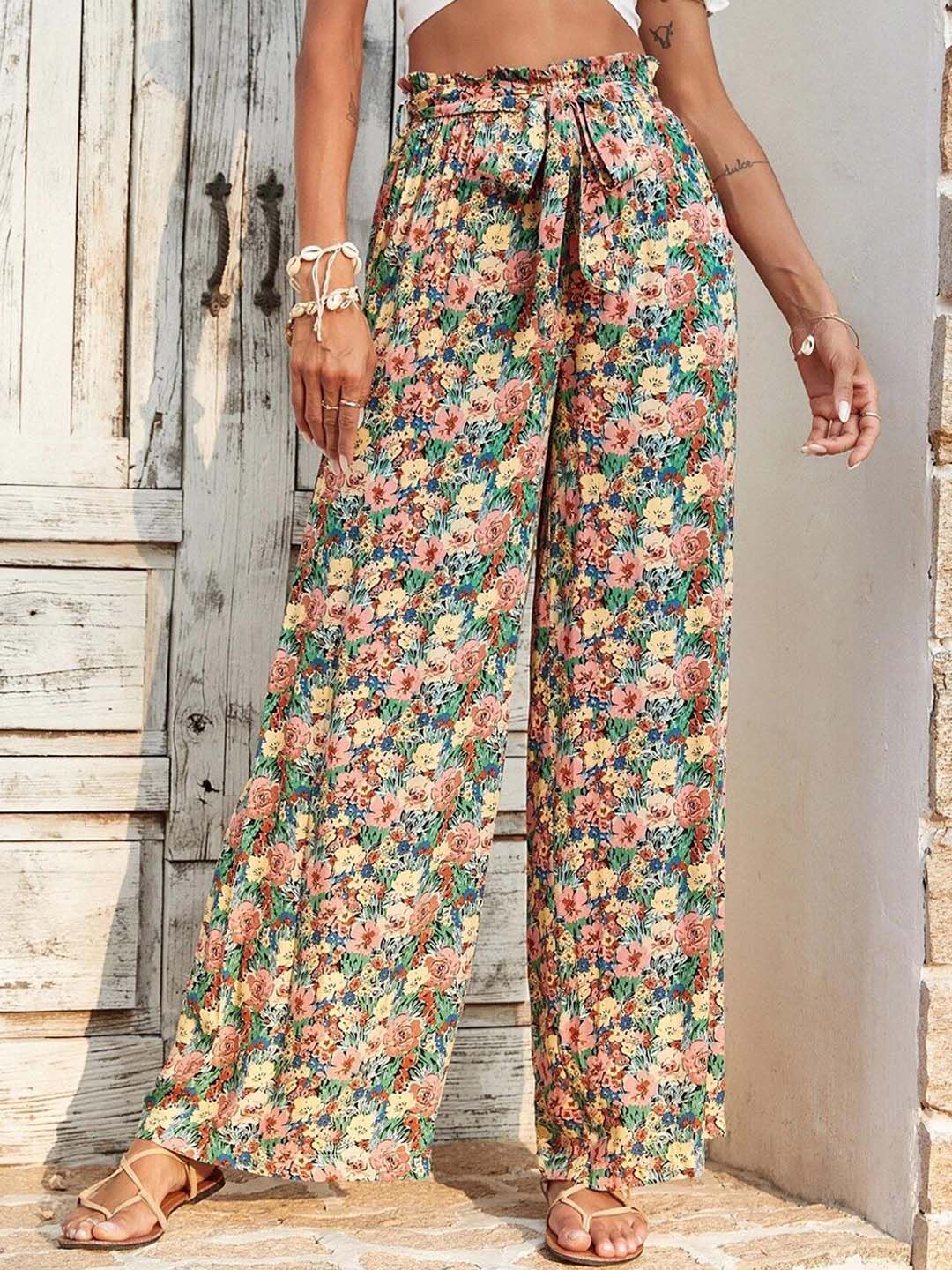 Kotty Women Multicoloured Floral Printed Relaxed High-Rise Easy Wash Trousers Price in India