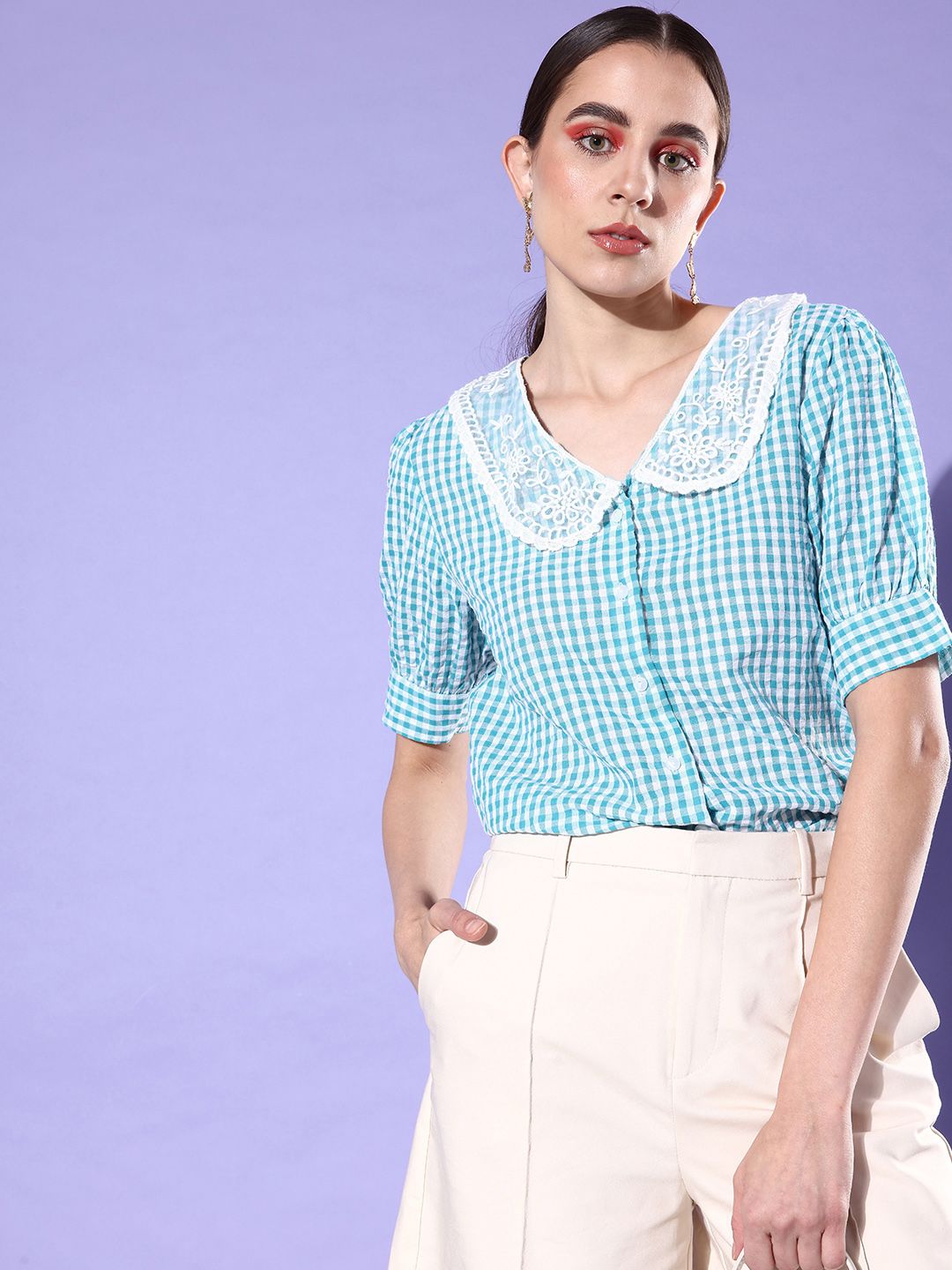 Moda Rapido Turquoise Blue & White Checked Peter Pan Collar Lace Inserts Shirt Style Top Price in India