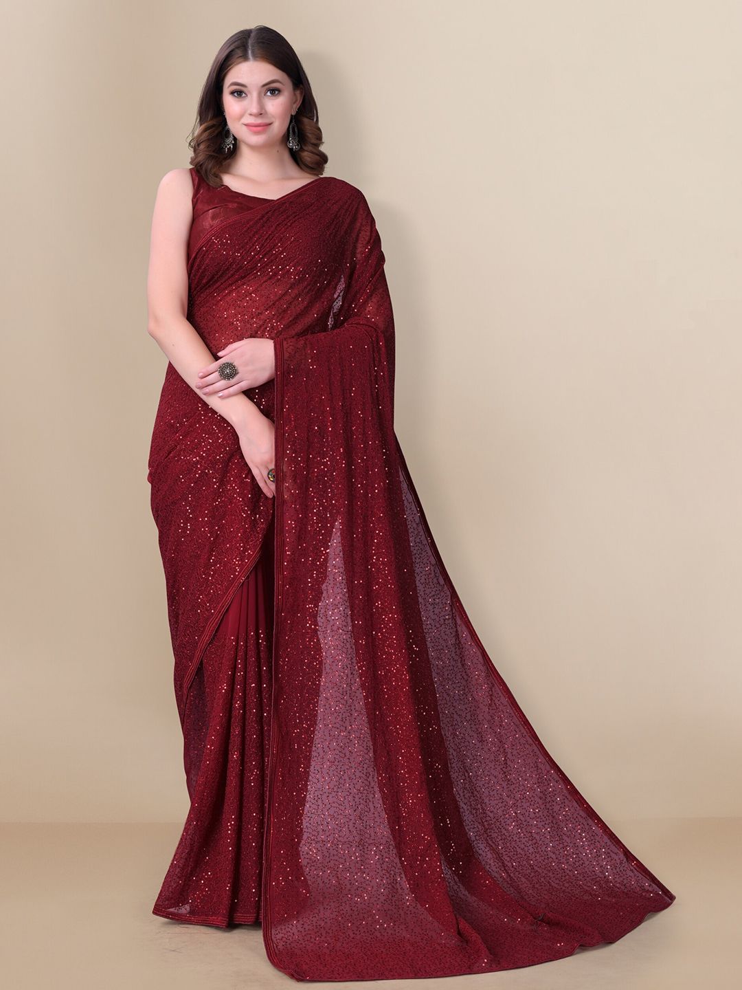VAIRAGEE Women Maroon Embellished Sequinned Pure Georgette Saree Price in India