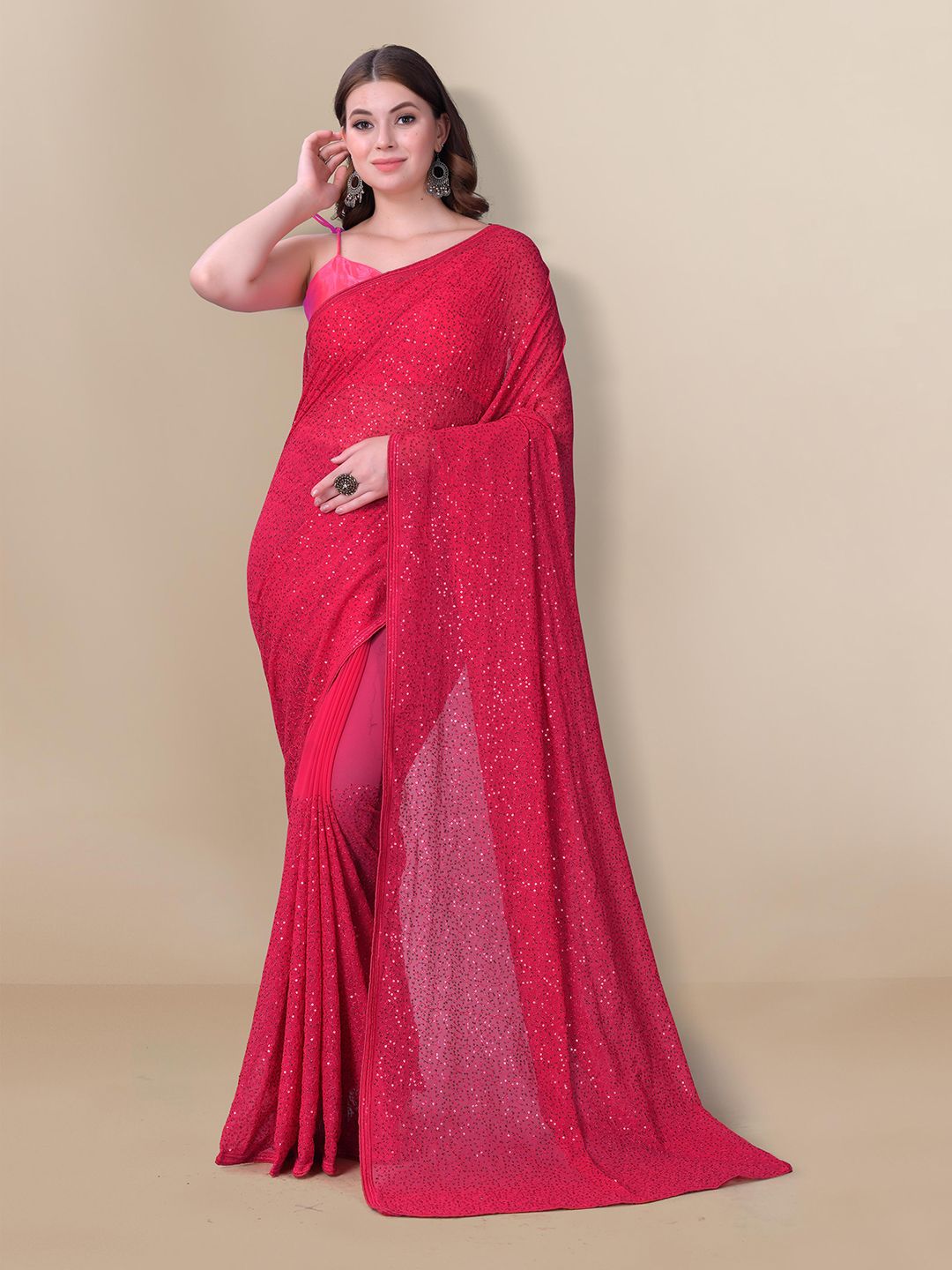 VAIRAGEE Women Pink Embellished Sequinned Pure Georgette Saree Price in India