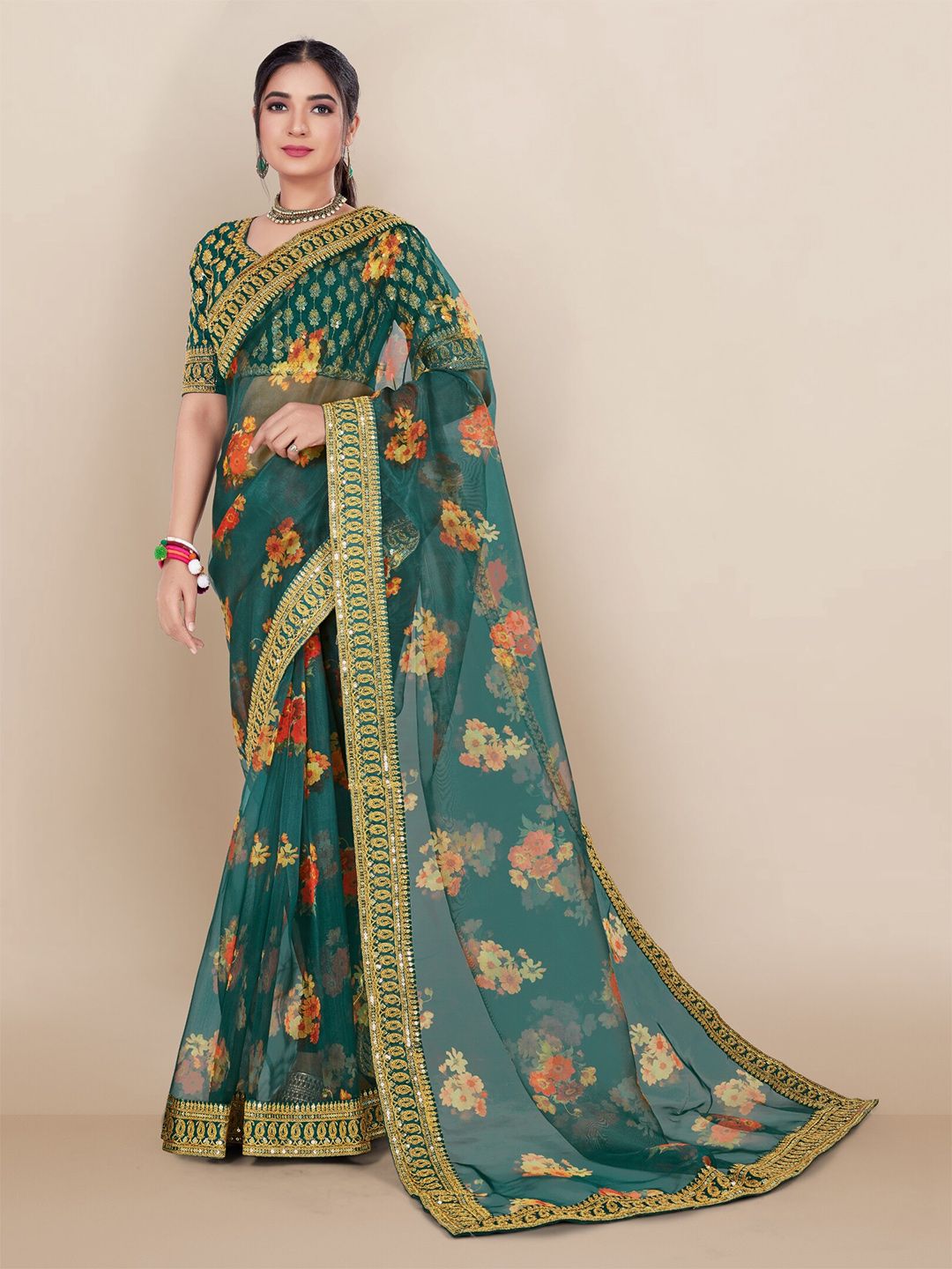 VAIRAGEE Green & Gold-Toned Floral Embroidered Pure Georgette Bandhani Saree Price in India