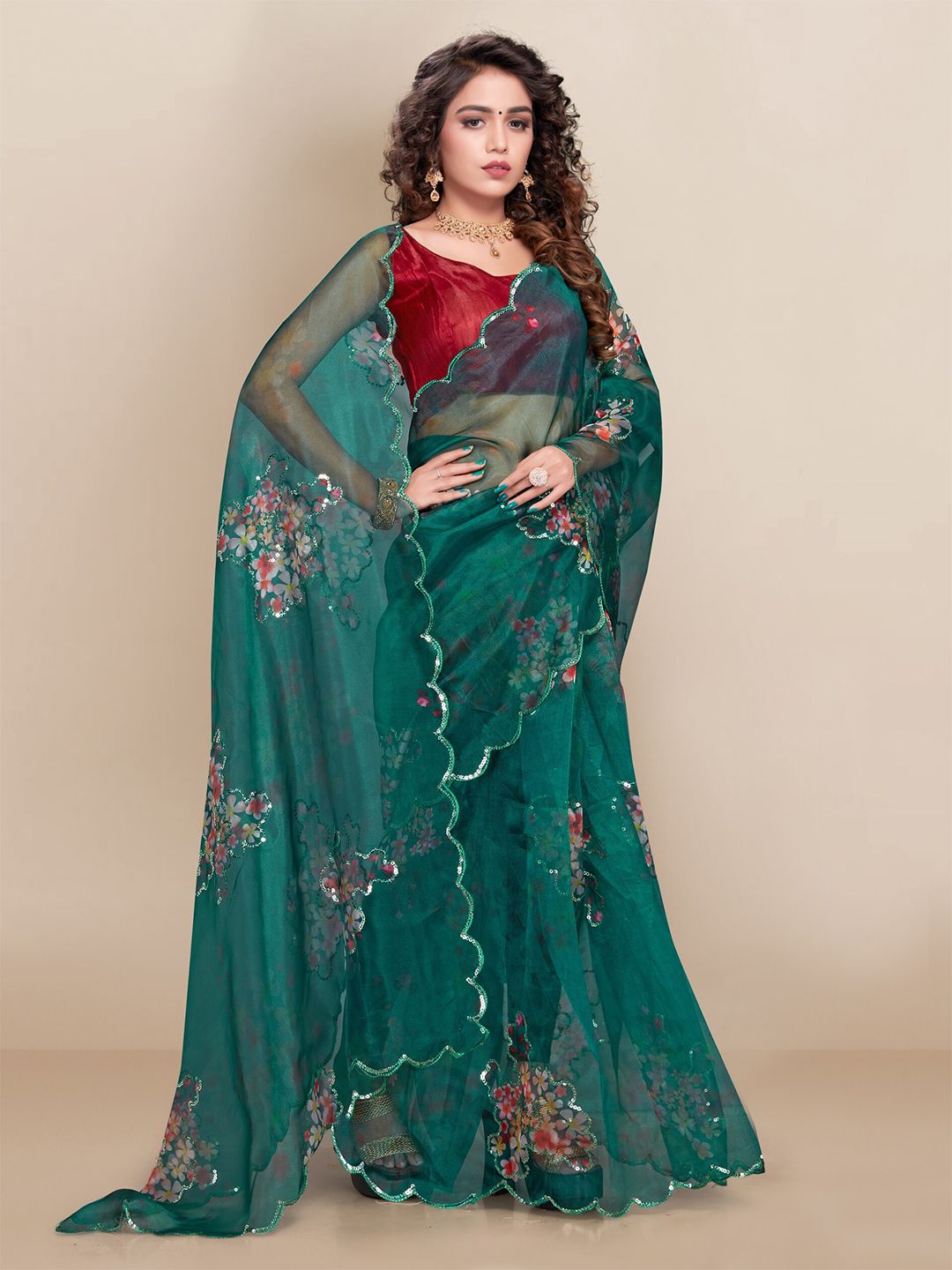 VAIRAGEE Green & Red Floral Sequinned Organza Saree Price in India