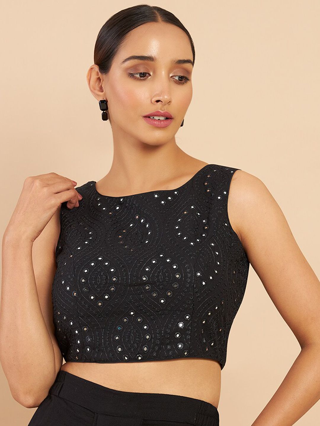 Soch Women Black Mirror Work Embellished Ready Made Saree Blouse Price in India