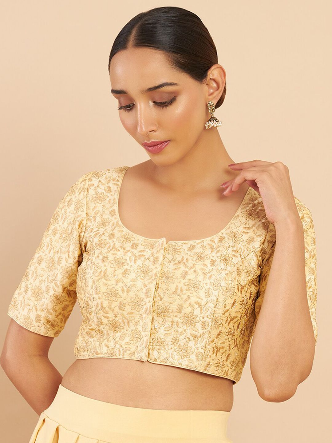 Soch Golden & Cream-Colored Embroidered  Saree Blouse Price in India
