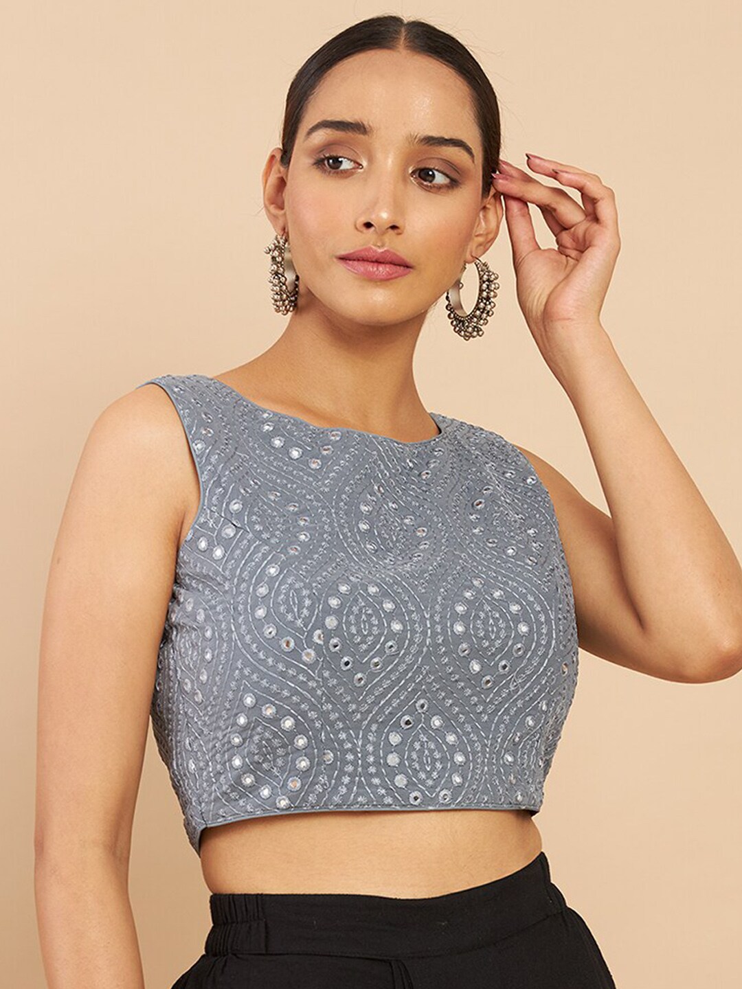 Soch Grey Embroidered Mirror Work Georgette Saree Blouse Price in India