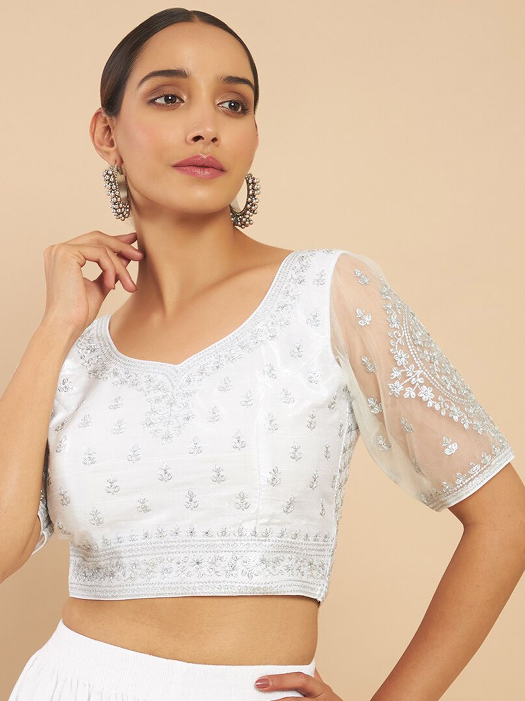 Soch Women White & Silver Embroidered Ready-Made Saree Blouse Price in India