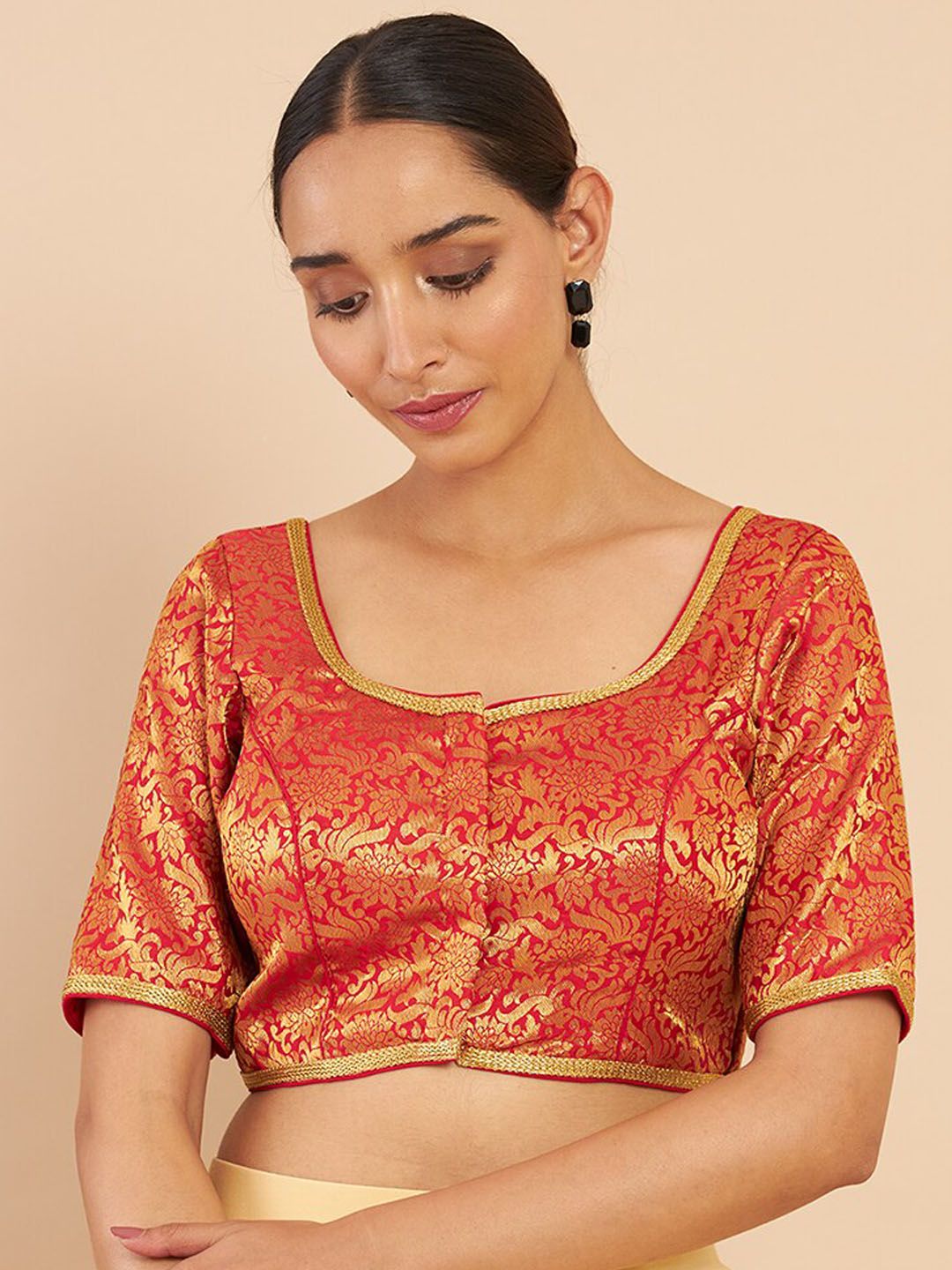 Soch Red & Golden Brocade Weaving Silk Saree Blouse Price in India