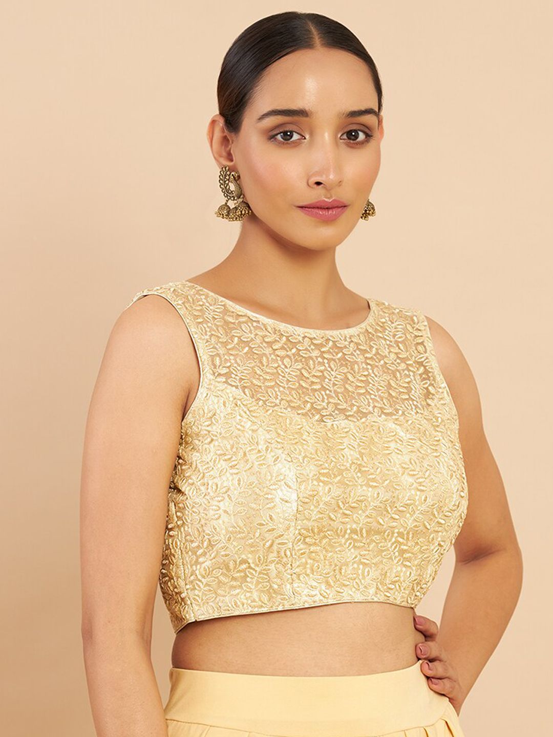 Soch Women Gold-Colored Leaf Embroidered Saree Blouse Price in India