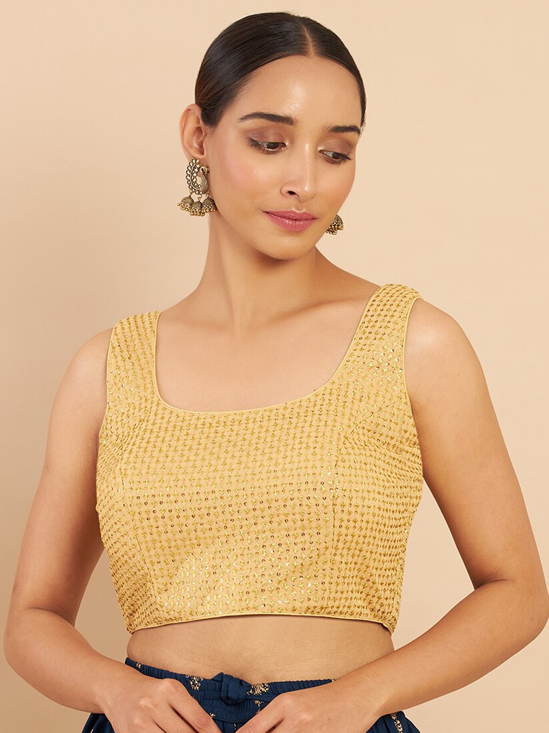 Soch Women Golden Embroidered  With Sequins Saree Blouse Price in India