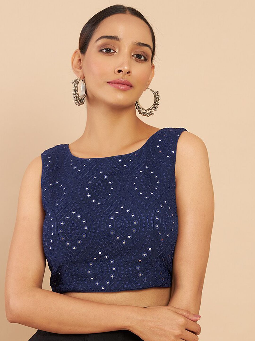 Soch Women Navy Blue Embroidered Saree Blouse With Mirror Work Price in India
