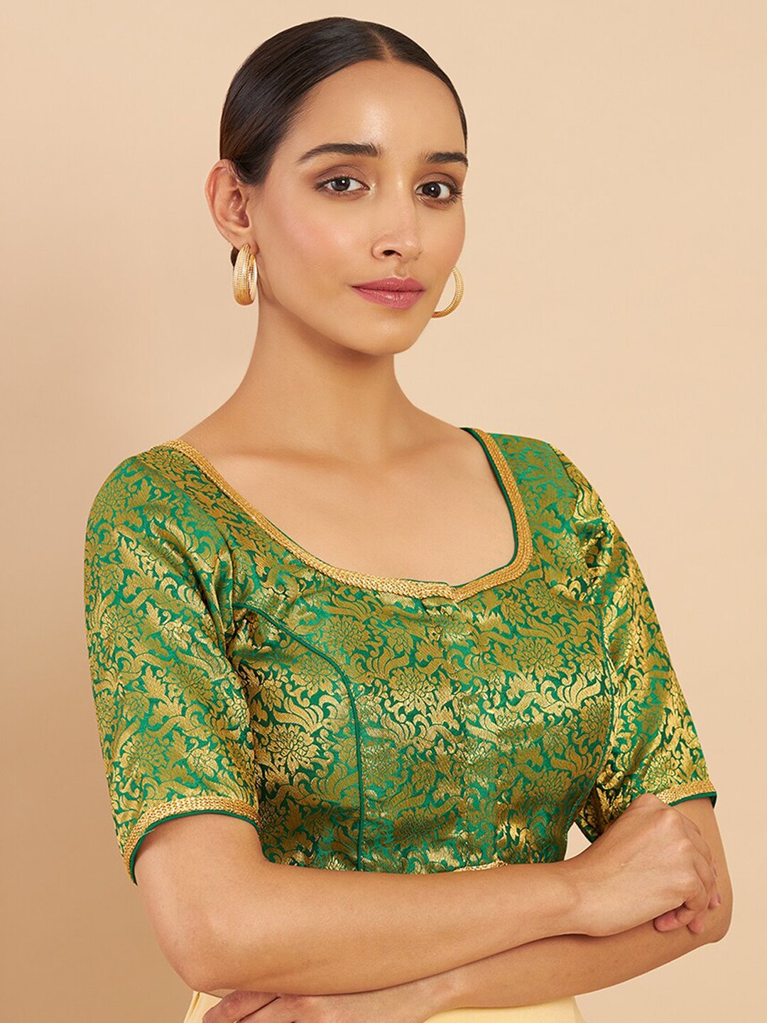 Soch Green & Golden Brocade Woven-Design Saree Blouse Price in India