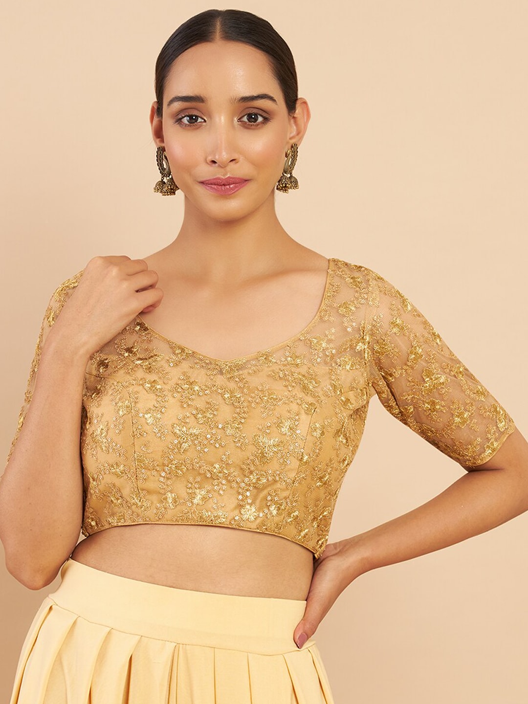 Soch Golden Floral Embroidery And Sequins Net Saree Blouse Price in India
