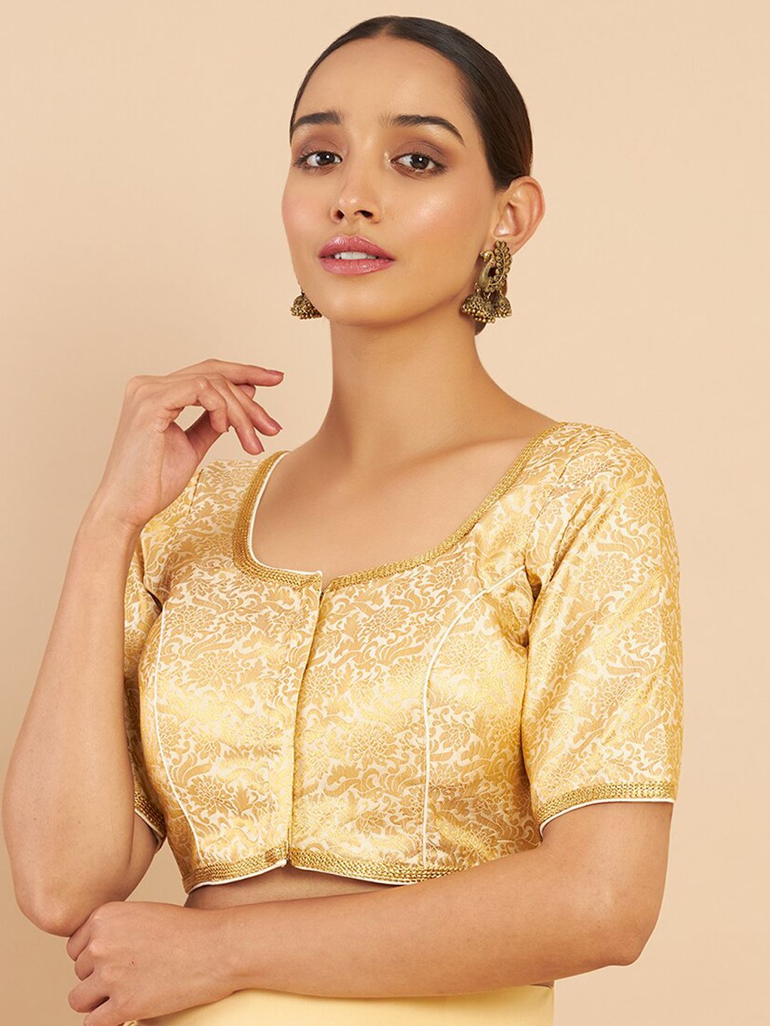 Soch Cream-Coloured & Gold-Toned Woven-Design Brocade Saree Blouse Price in India