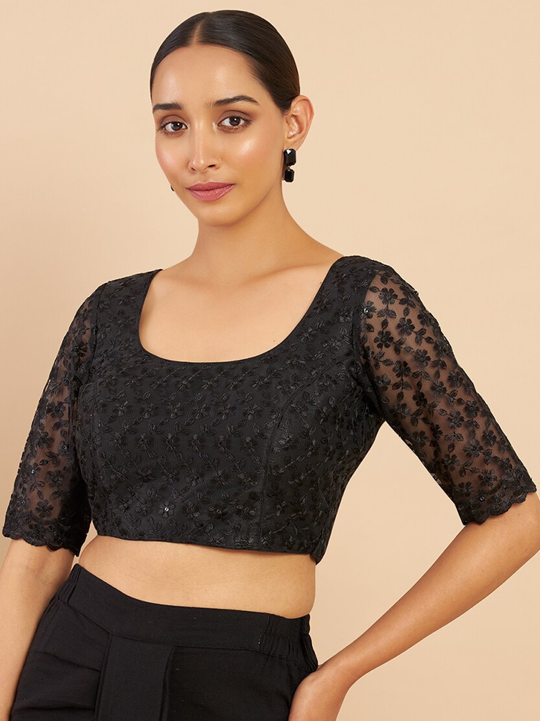 Soch Women Black Solid Net Embroidered Saree Blouse Price in India