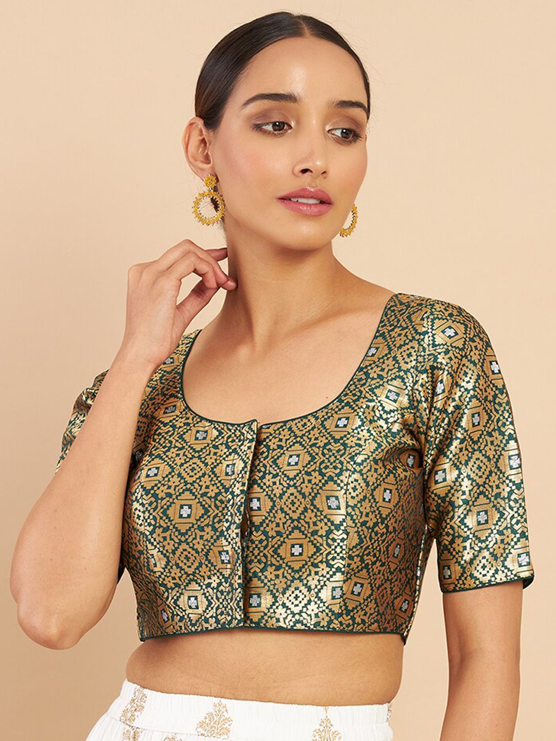 Soch Green & Gold-Coloured Printed Brocade Saree Blouse Price in India