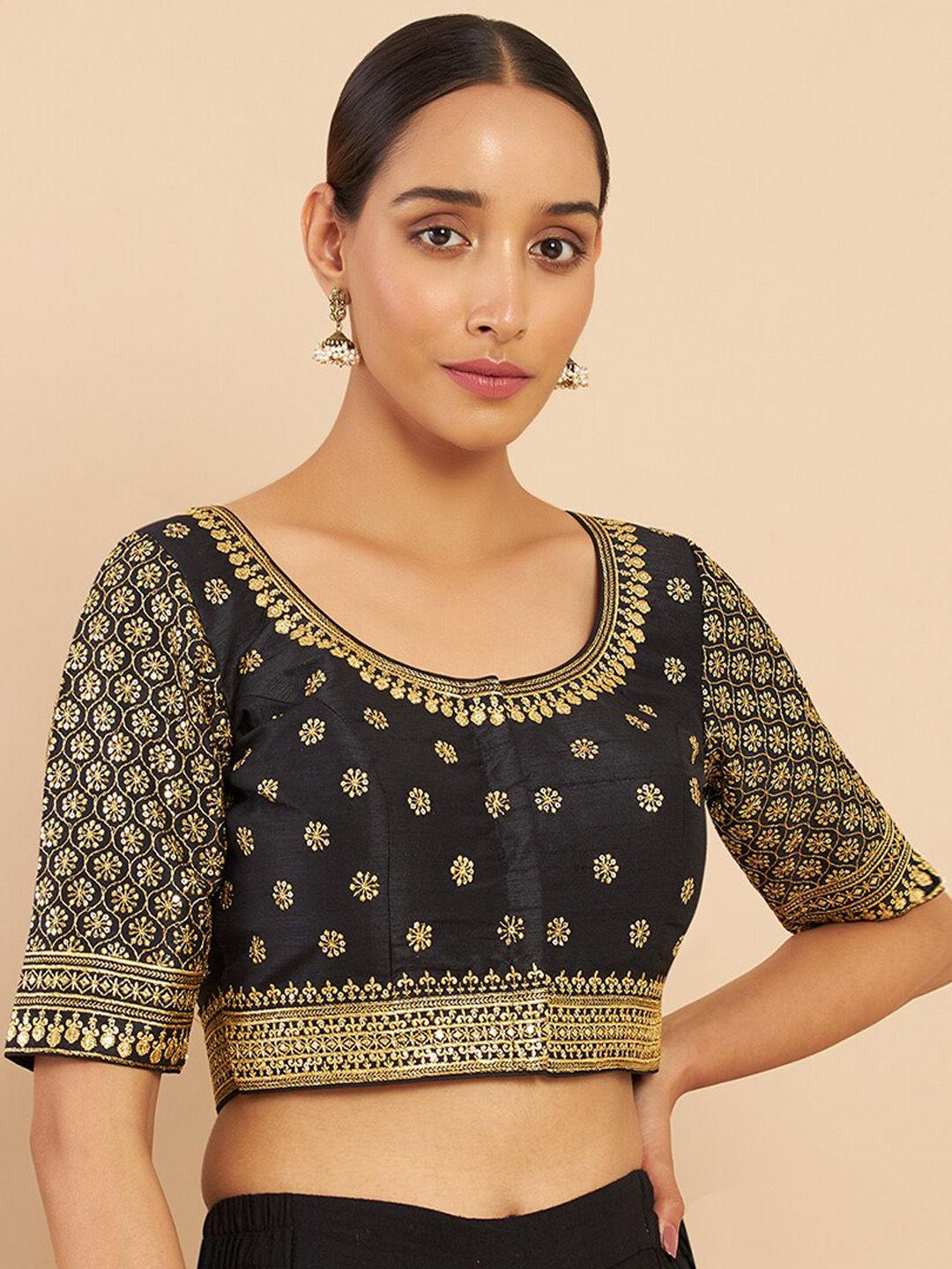 Soch Black & Golden Ethnic Motifs Embroidered Art Silk Saree Blouse Price in India