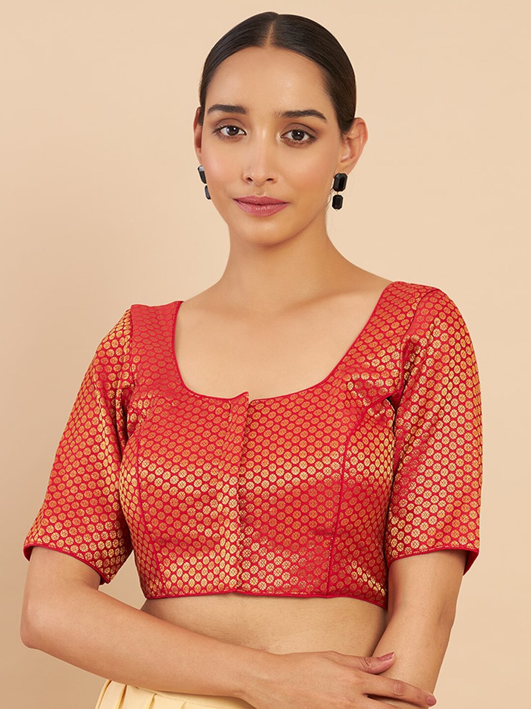 Soch Red & Golden Printed Brocade Weaving Silk Saree Blouse Price in India