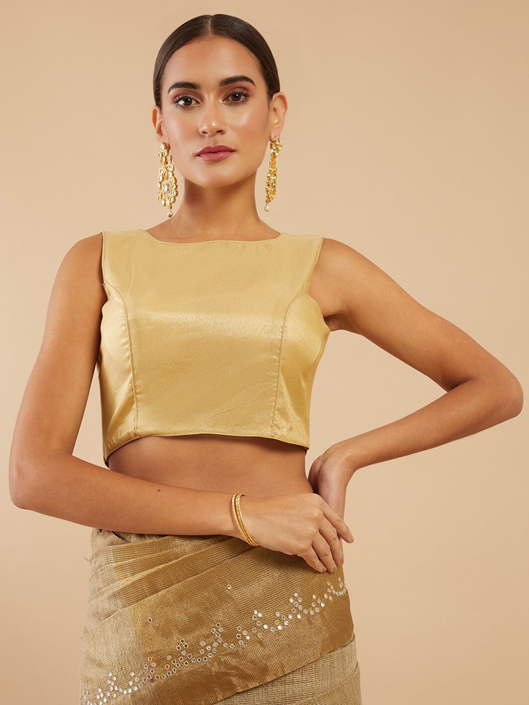 Soch Women Golden Solid Art Silk Saree Blouse Price in India