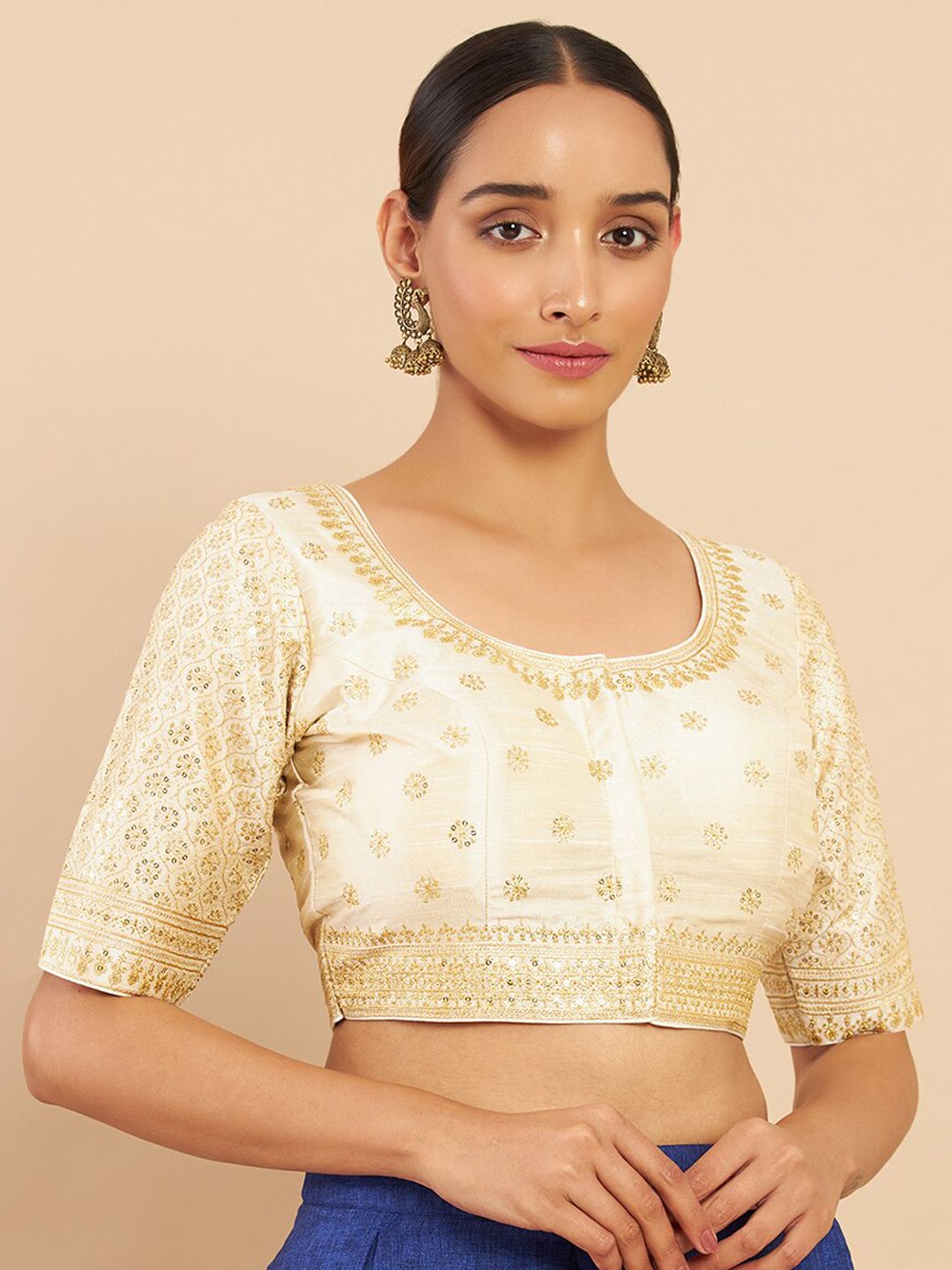 Soch Women Cream-Coloured & Gold-Coloured Embroidered Saree Blouse Price in India