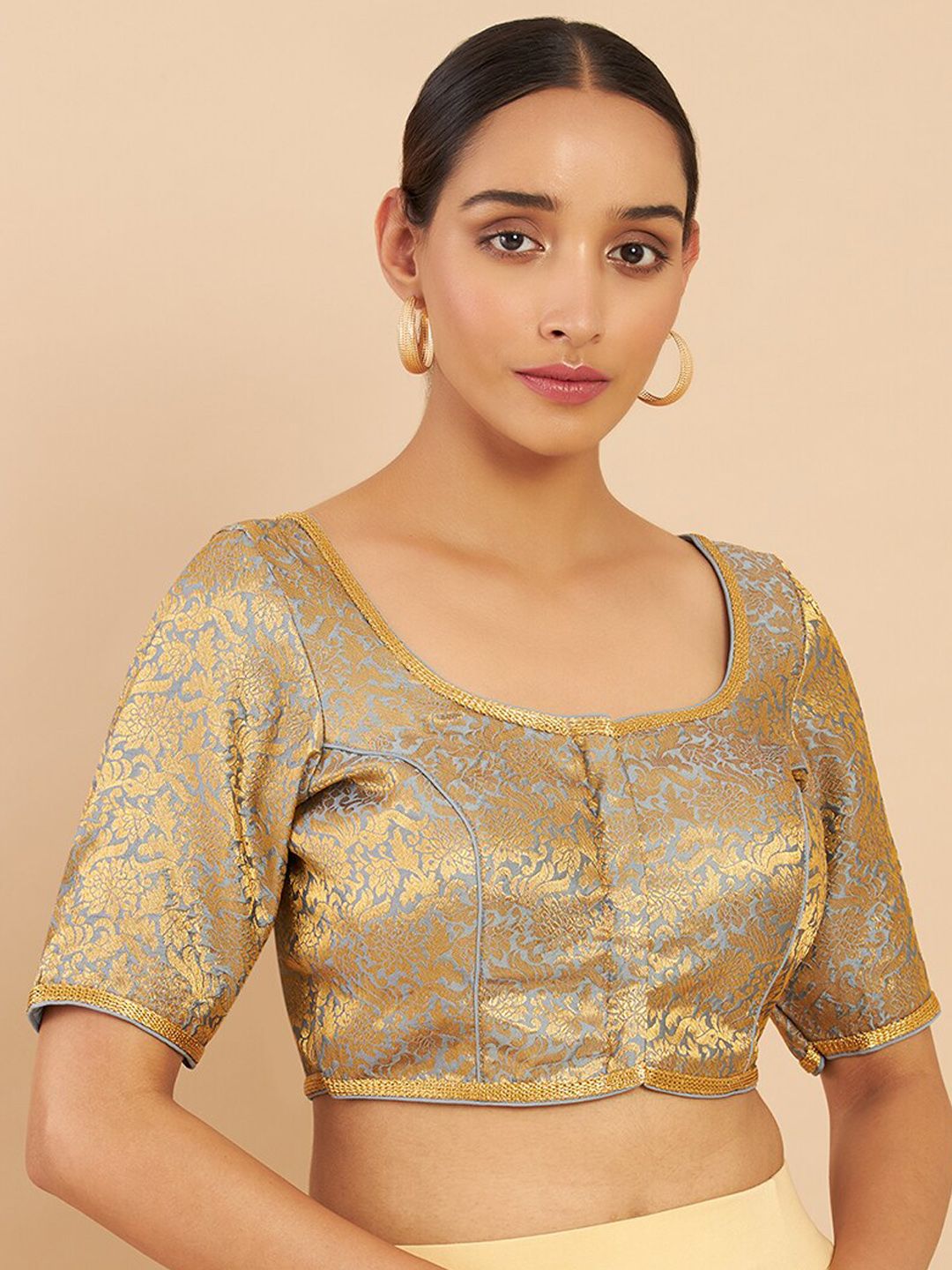 Soch Grey Printed Blouse With Brocade Weaving Price in India