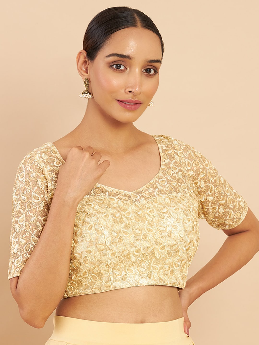 Soch Gold-Coloured Paisley Embroidery Saree Blouse Price in India