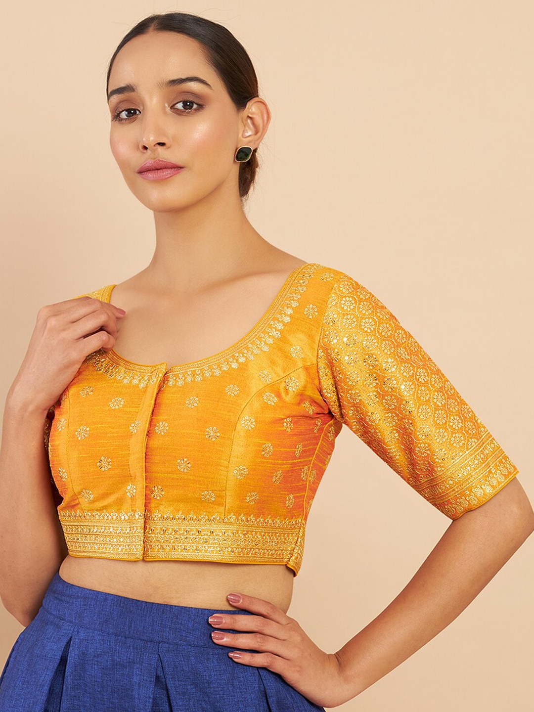 Soch Women Mustard-Yellow Embroidered Art Silk Blouse Price in India