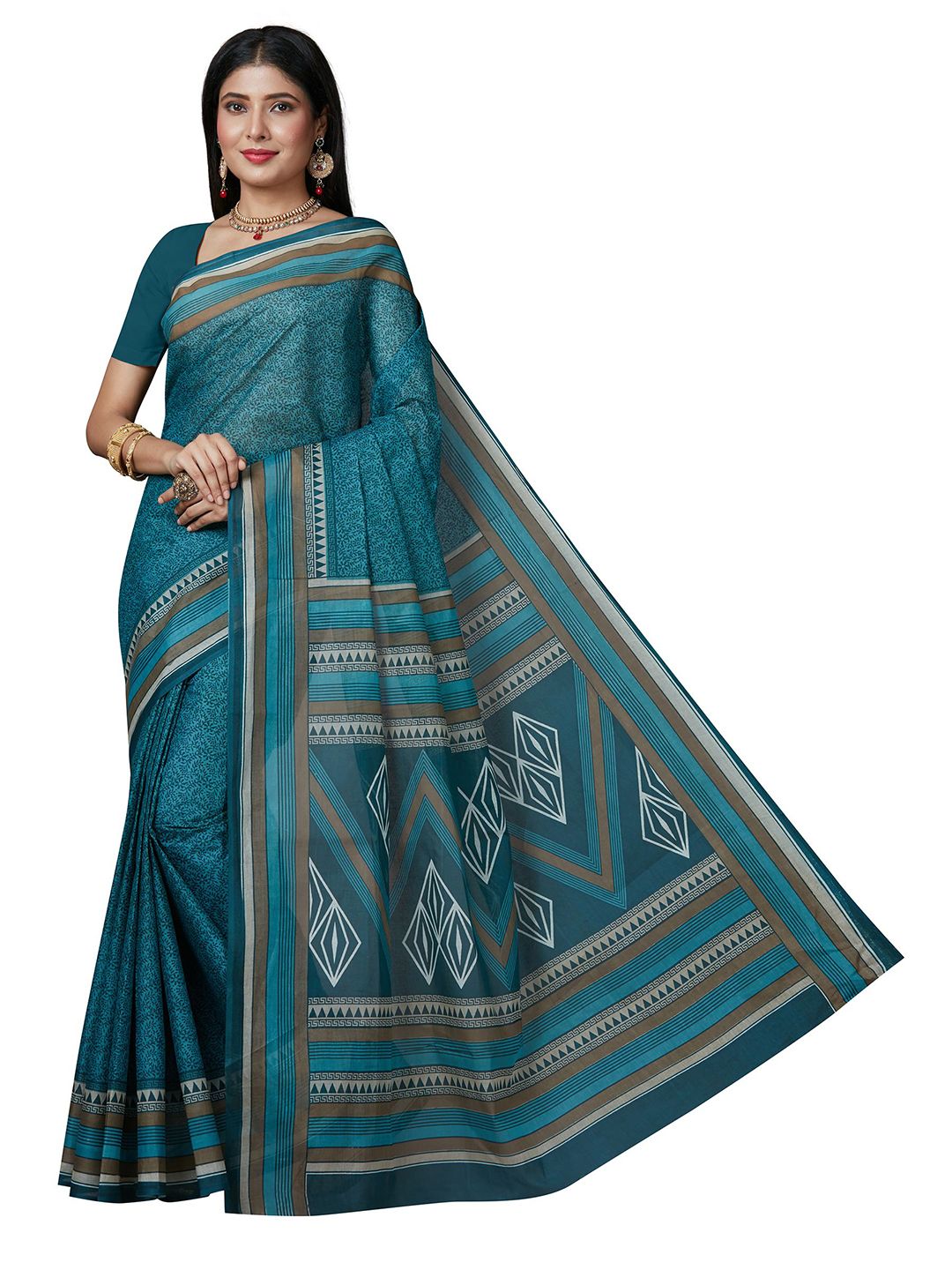 SHANVIKA Blue & Cream-Coloured Floral Pure Cotton  Block Print Saree Price in India