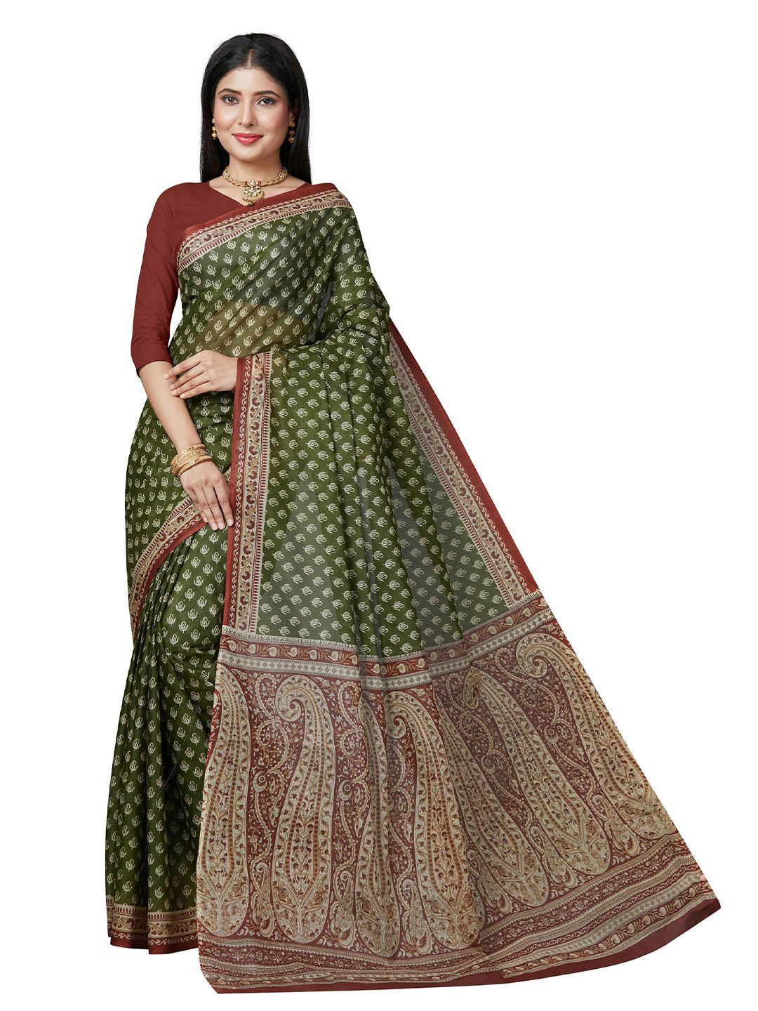 SHANVIKA Green & Cream-Coloured Ethnic Motifs Pure Cotton  Block Print Saree Price in India