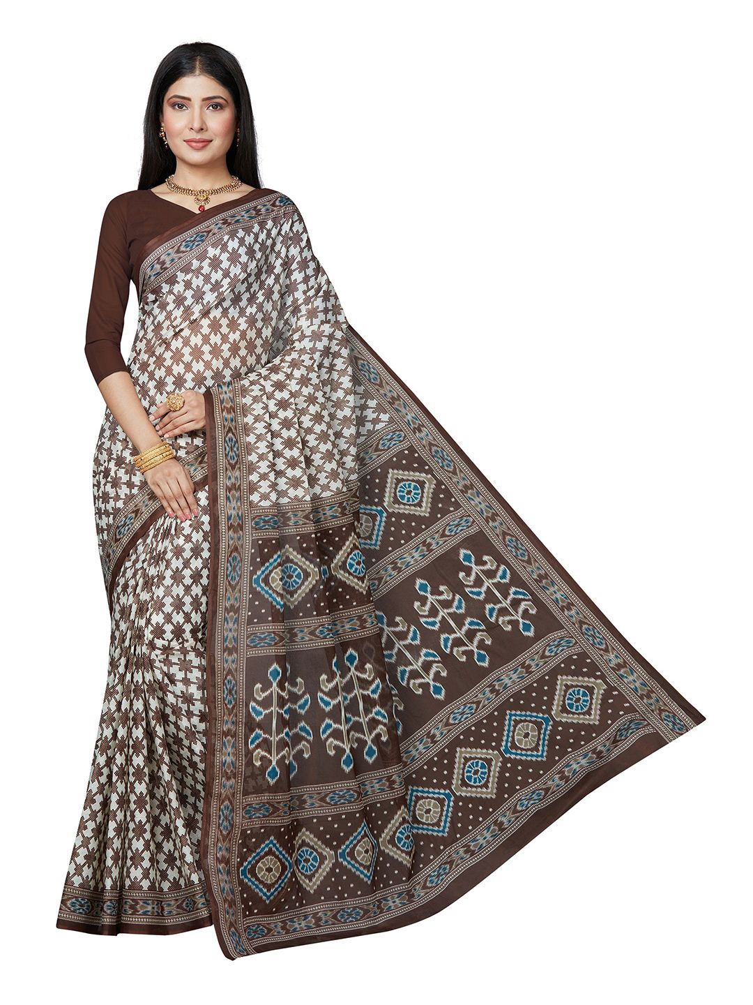 SHANVIKA White & Blue Checked Pure Cotton Block Print Saree Price in India